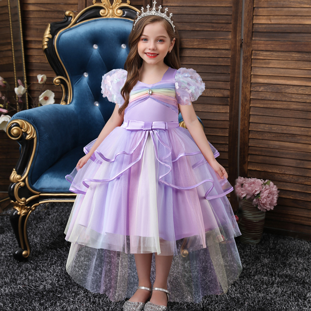 New Foreign Trade Children's Dress Colorful Mesh Tailed Dress Sweet Princess Dress School Children's Day Performance Dress