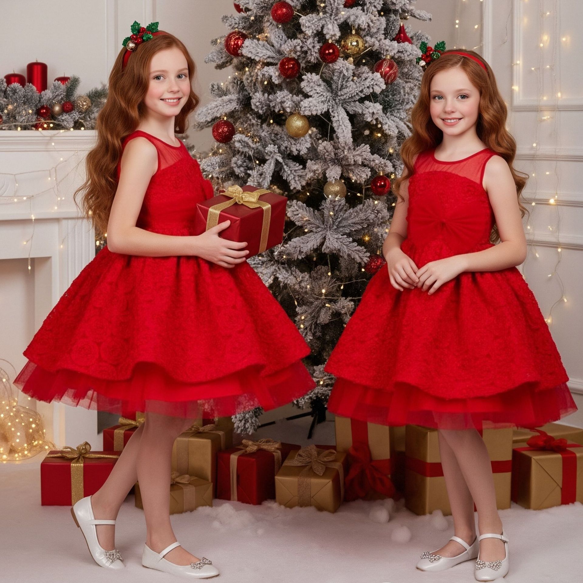 Girl's Christmas Dress, Flower Girl Wedding Dress, Host Piano Performance Dress, Girl's Birthday Princess Flower Puff Dress