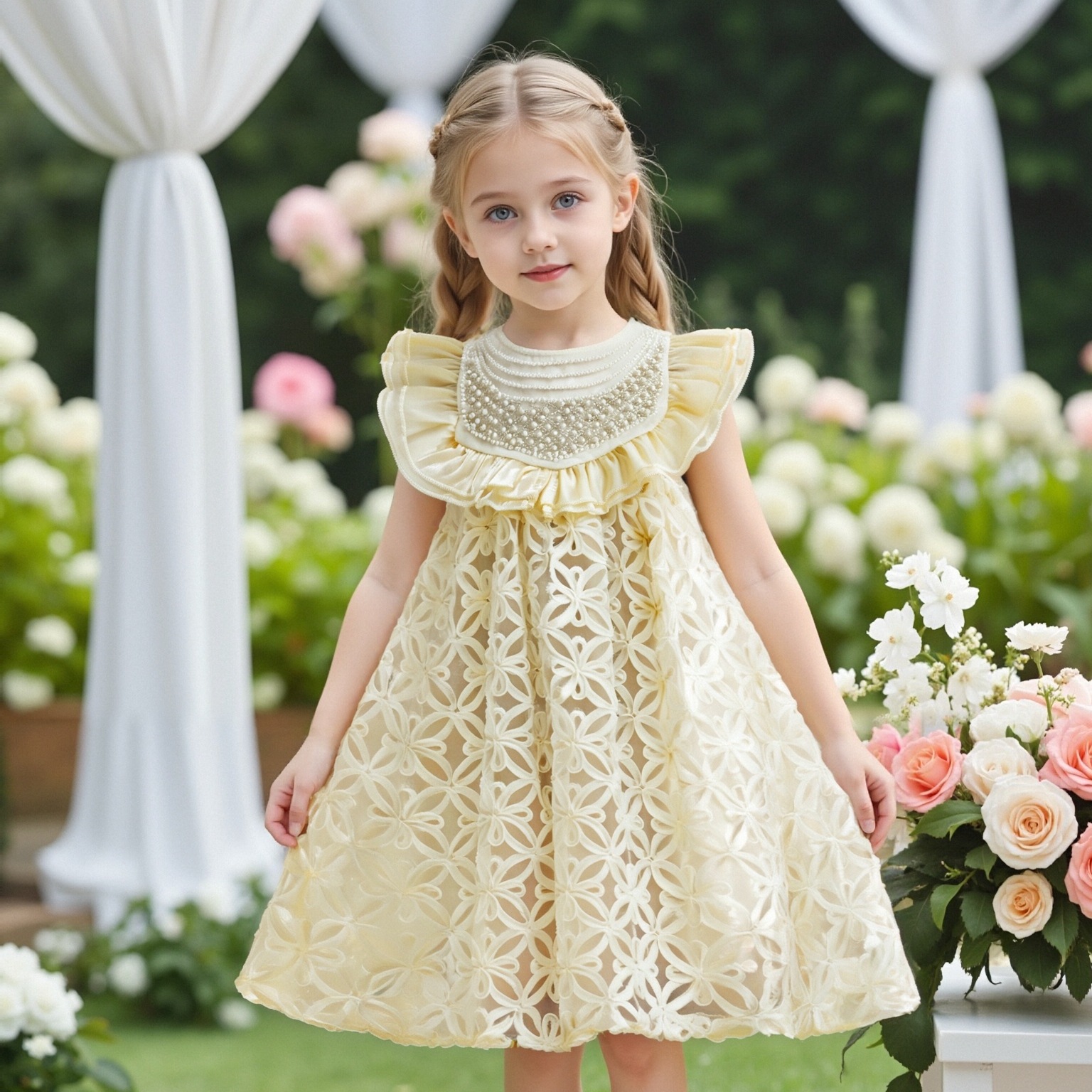 New A-line Princess Puff Skirt for Girls, Primary and Secondary School, Pearl Round Neck, Western Style Three Dimensional Flower Birthday Party Dress