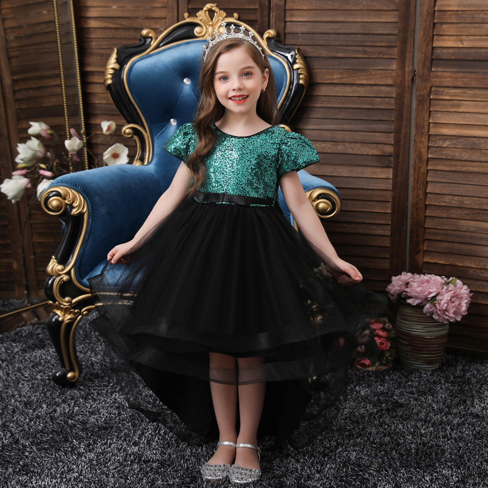 Girls' Tailed Dress, Piano Performance Dress, Sparkling Mesh Puff Dress, Children's Dress