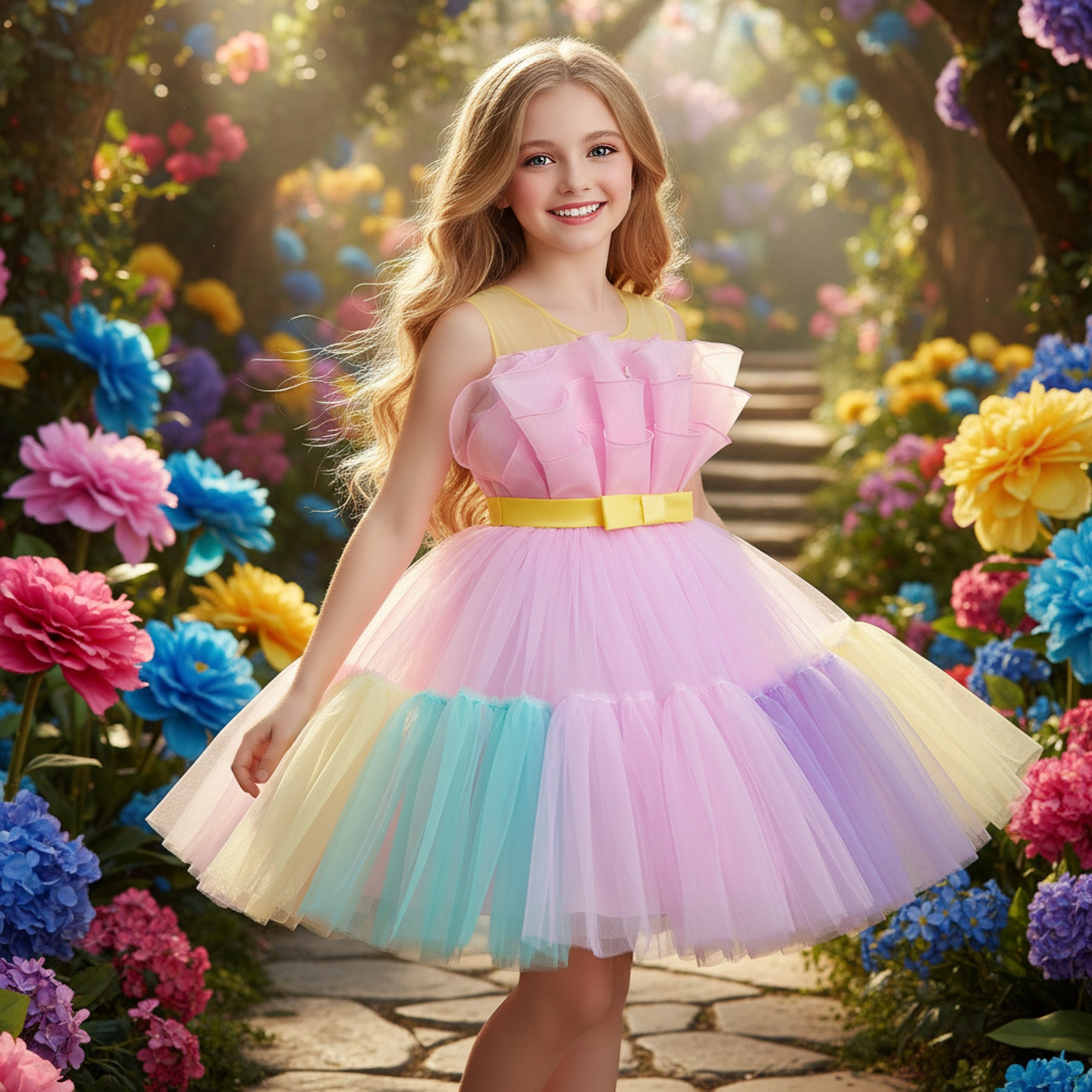 Children's Dress Show Princess Dress Flower Girl Wedding Gradient Color blocked Cake Dress Girl Piano Host Performance Dress