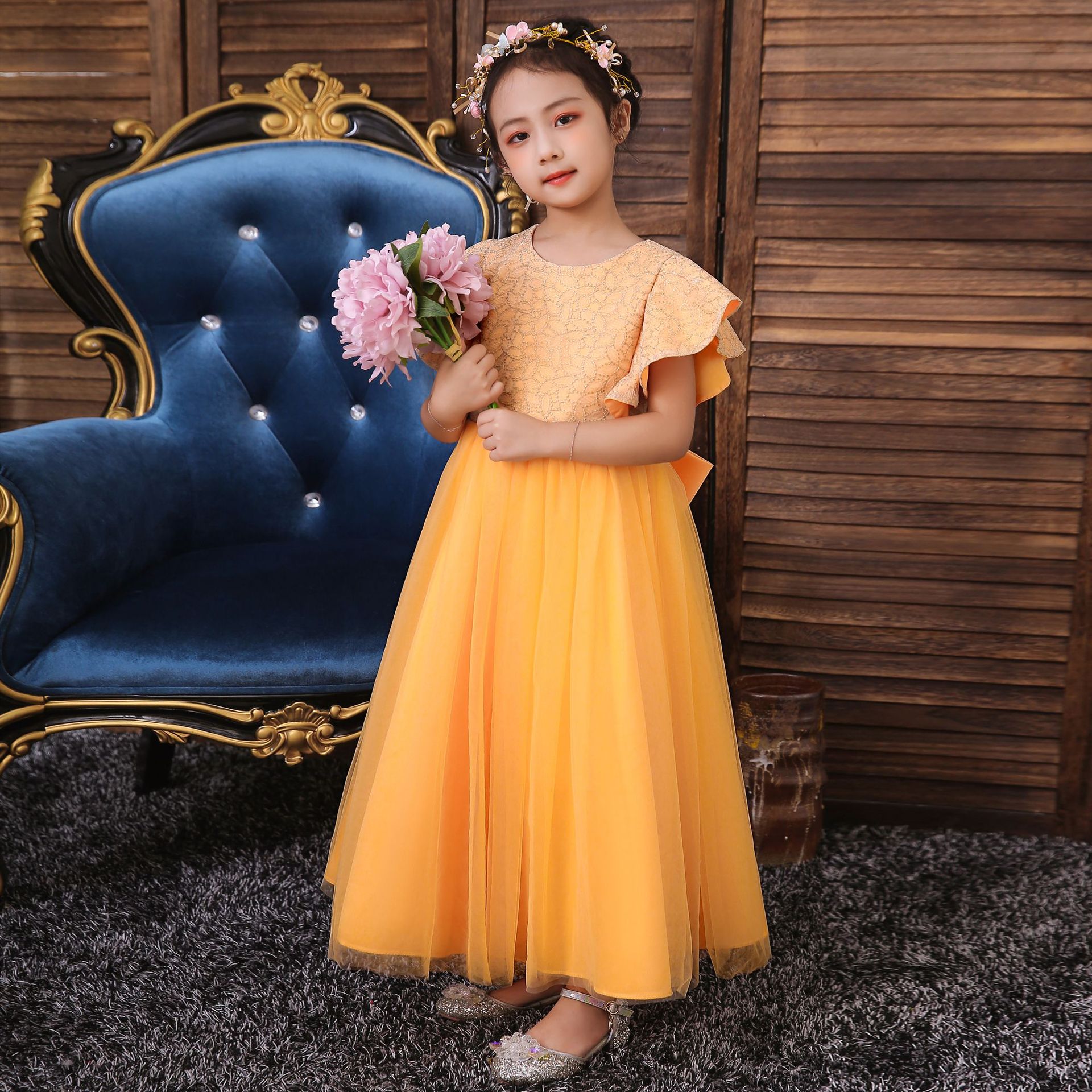 European and American style children's dress long lotus leaf sleeves mesh princess dress eBay girls' fresh dress one piece hair replacement