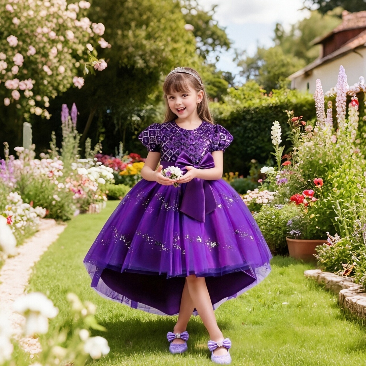 European and American children's formal dress with bubble sleeves, glitter mesh, trailing skirt, flower girl princess dress, little girl stage performance costume