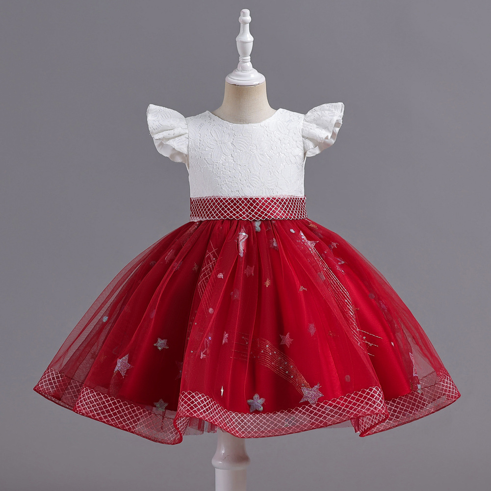 European and American girls' dress with flying sleeves, mesh skirt, star glitter children's skirt, school performance dance skirt, factory direct sales