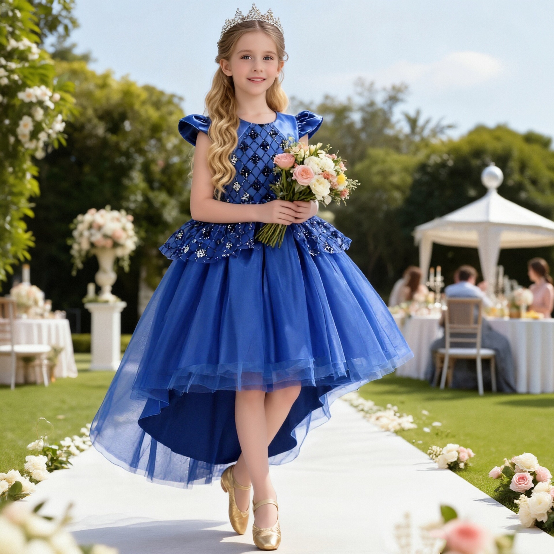 Cross border new children's dress round neck sequined mesh trailing skirt with short front and long back for girls' birthday party and evening gift