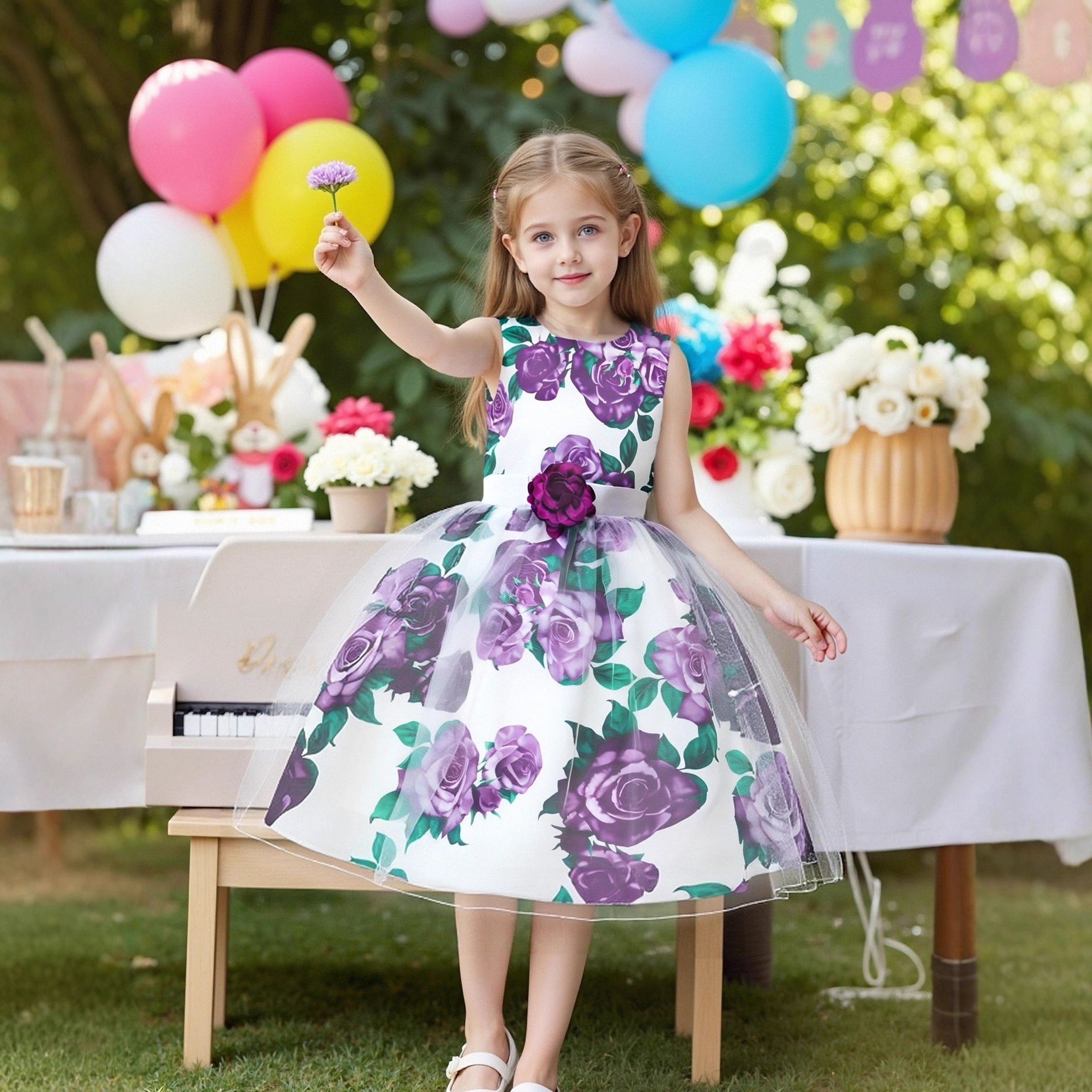 Cross border hot selling girls' dress, retro printed children's princess dress, girls' festival performance, little host, children's dress