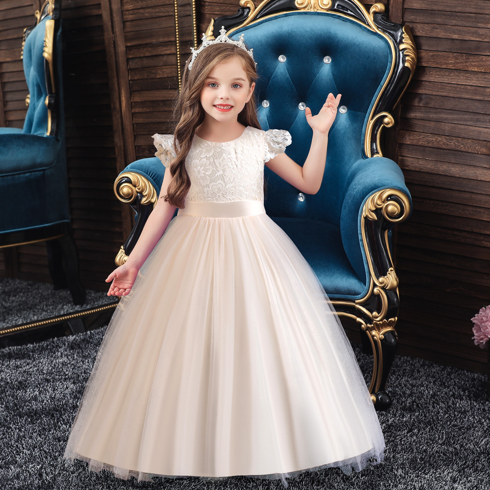Foreign trade children's dress, lace patchwork mesh, fluffy skirt, backless bow princess dress, runway performance outfit