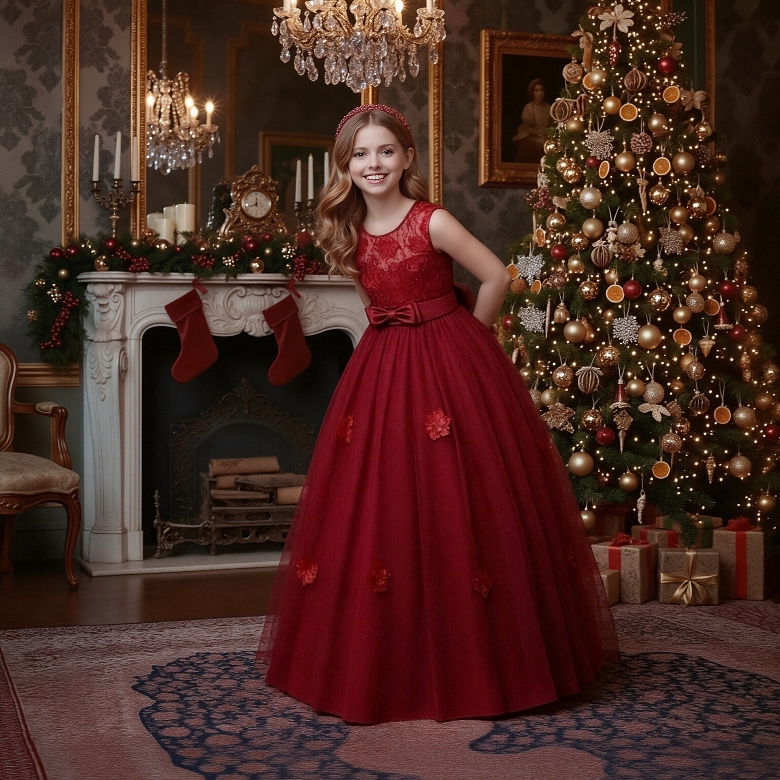 Cross border popular children's long flower hosting evening dress, princess dress, children's piano birthday wedding dress, fluffy skirt