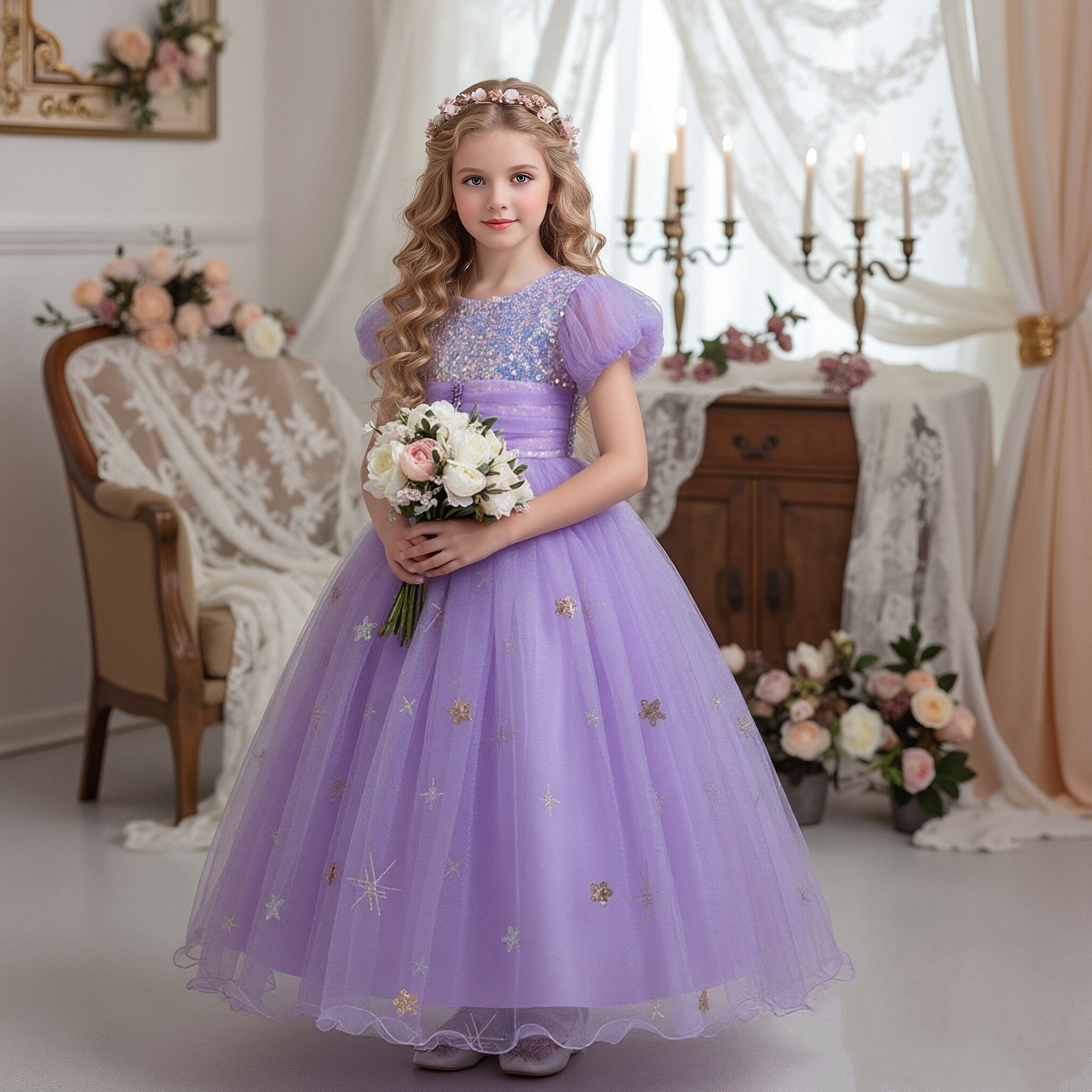 New children's dress with bubble sleeves, sequins, embroidered mesh, fluffy skirt, girl host's birthday party, princess dress