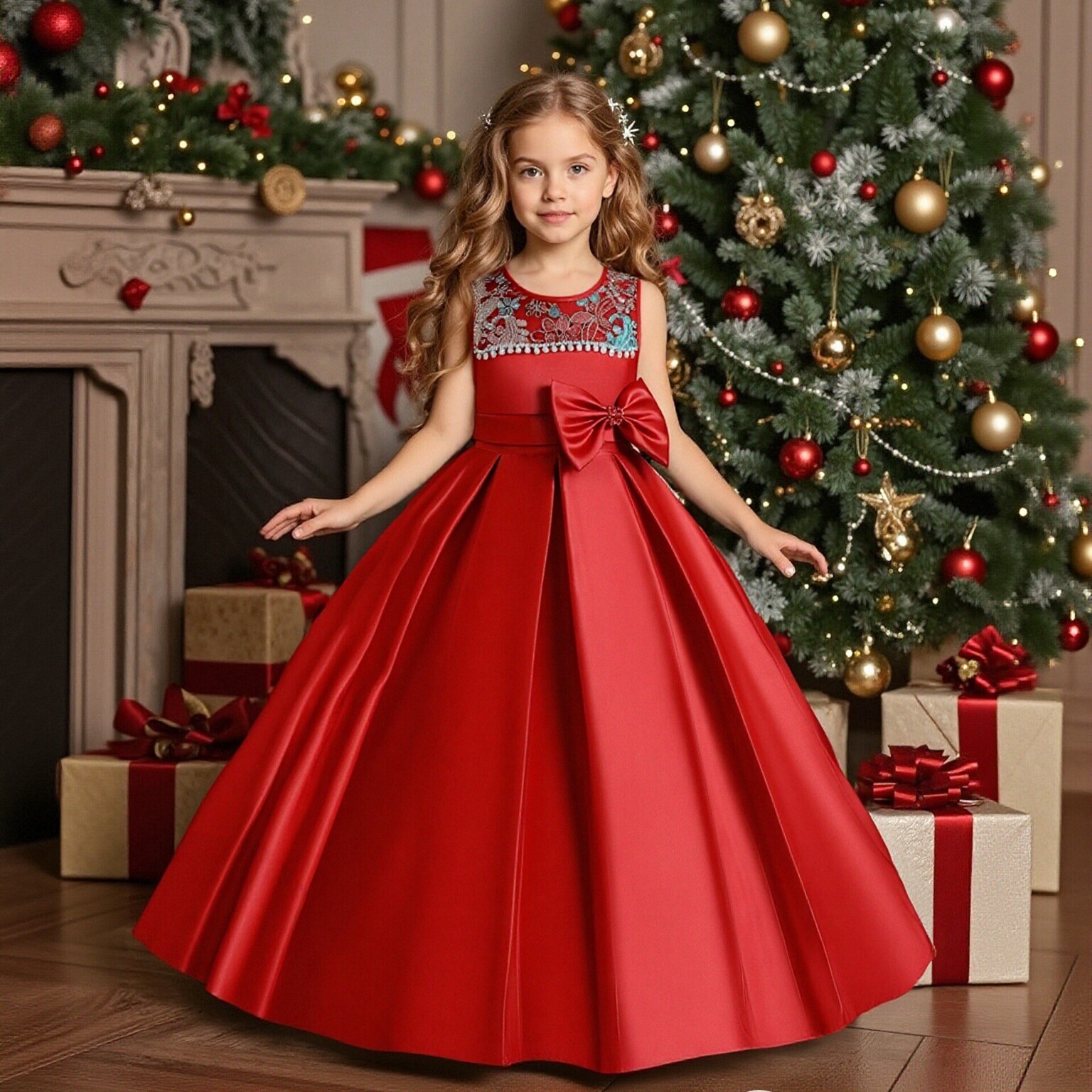 European and American children's dress, flower girl princess dress, sleeveless round neck bow long dress, performance outfit, one piece hair replacement