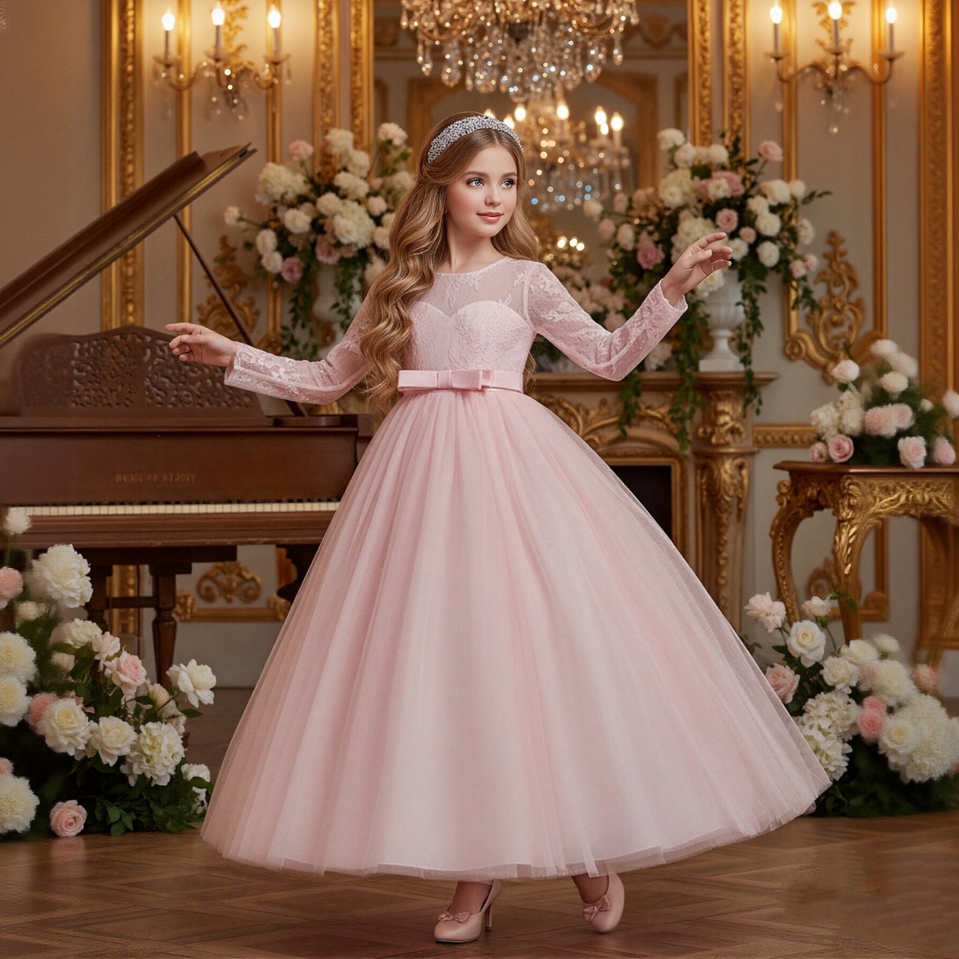 Cross border new European and American foreign trade long sleeved lace girls' dress long skirt mesh skirt wedding flower girl fluffy skirt