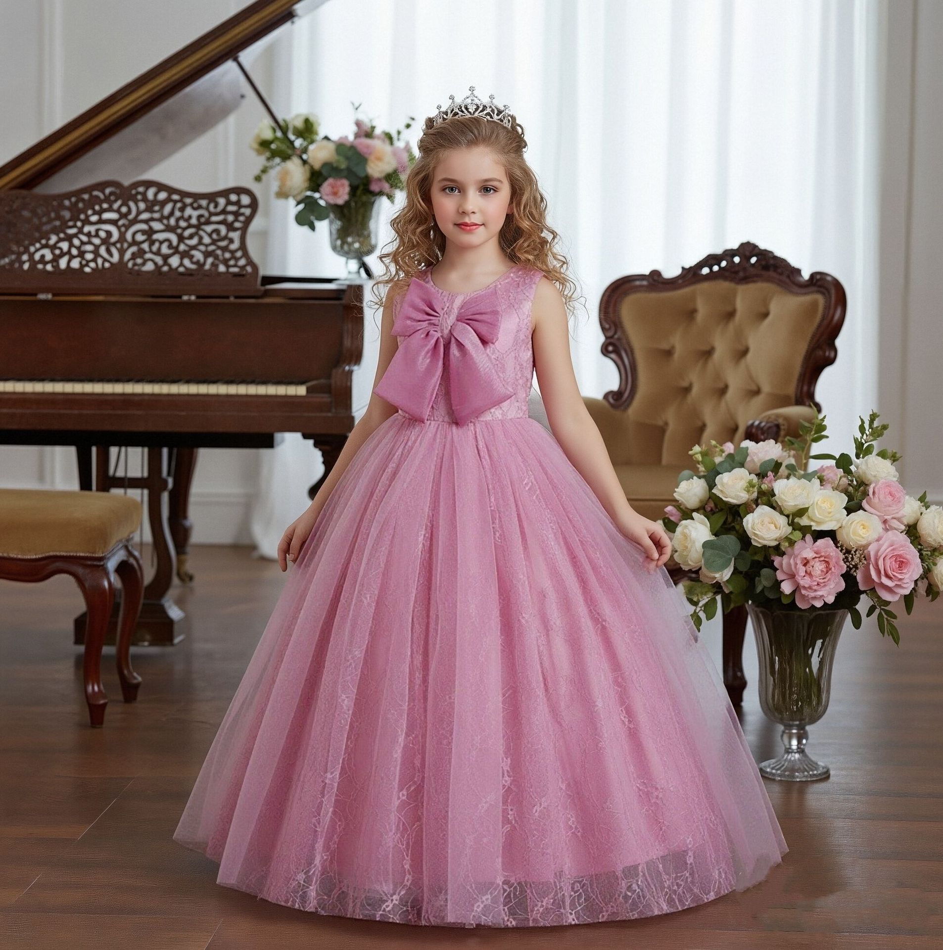 Foreign trade popular long style children's princess dress, high-end bow knot mesh fluffy dress, children's wedding flower girl dress