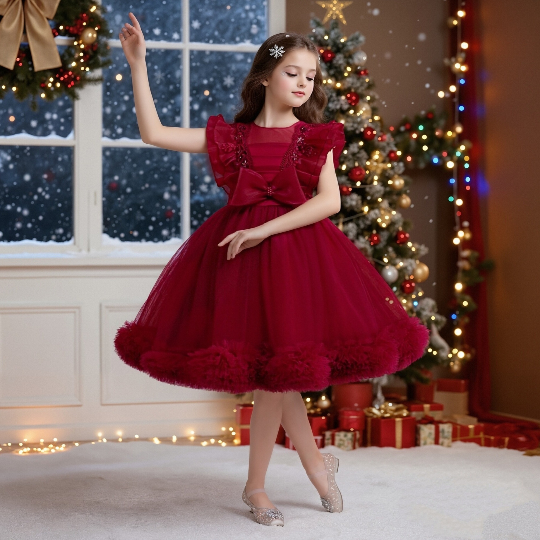 Cross border girl princess dress, red Christmas style princess gauze dress, pleated fluffy skirt, one year old birthday dress, children's formal dress