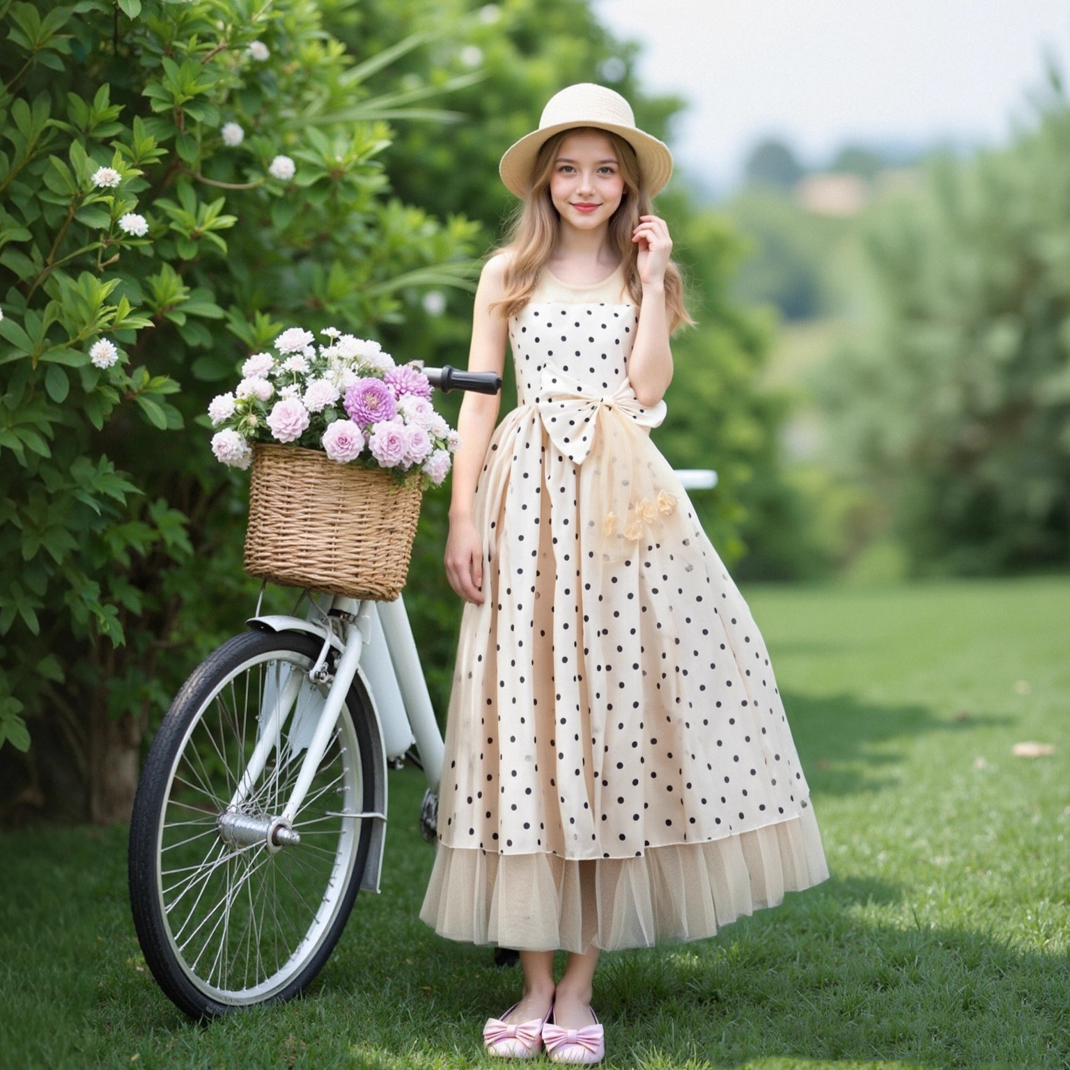 Teenage polka dot sleeveless dress, wedding season flower girl dress, butterfly machine flower dress, girl beauty pageant party dress