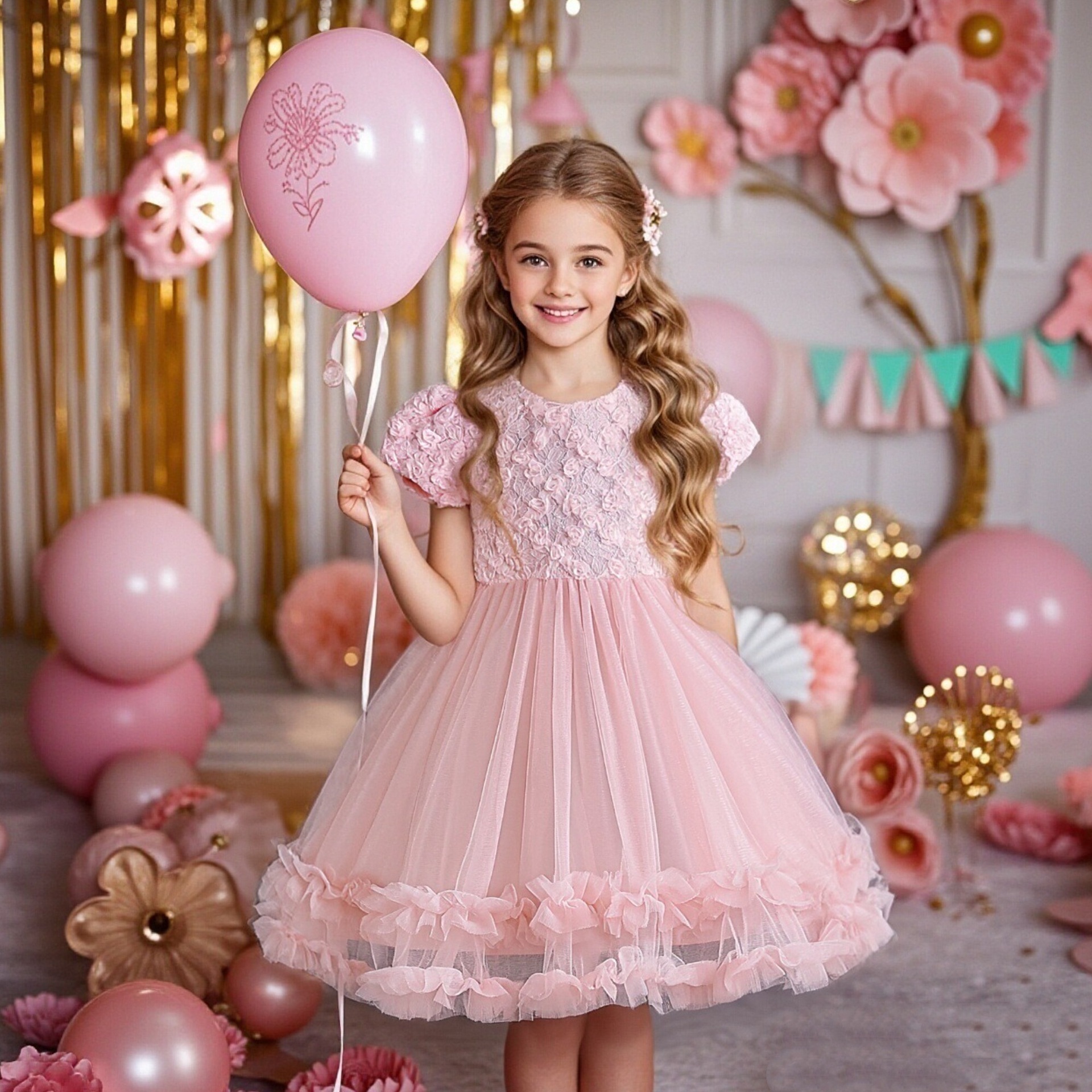 Children's dress dress, flower girl princess dress, bubble sleeve mesh princess dress, little girl knee high party dress in stock