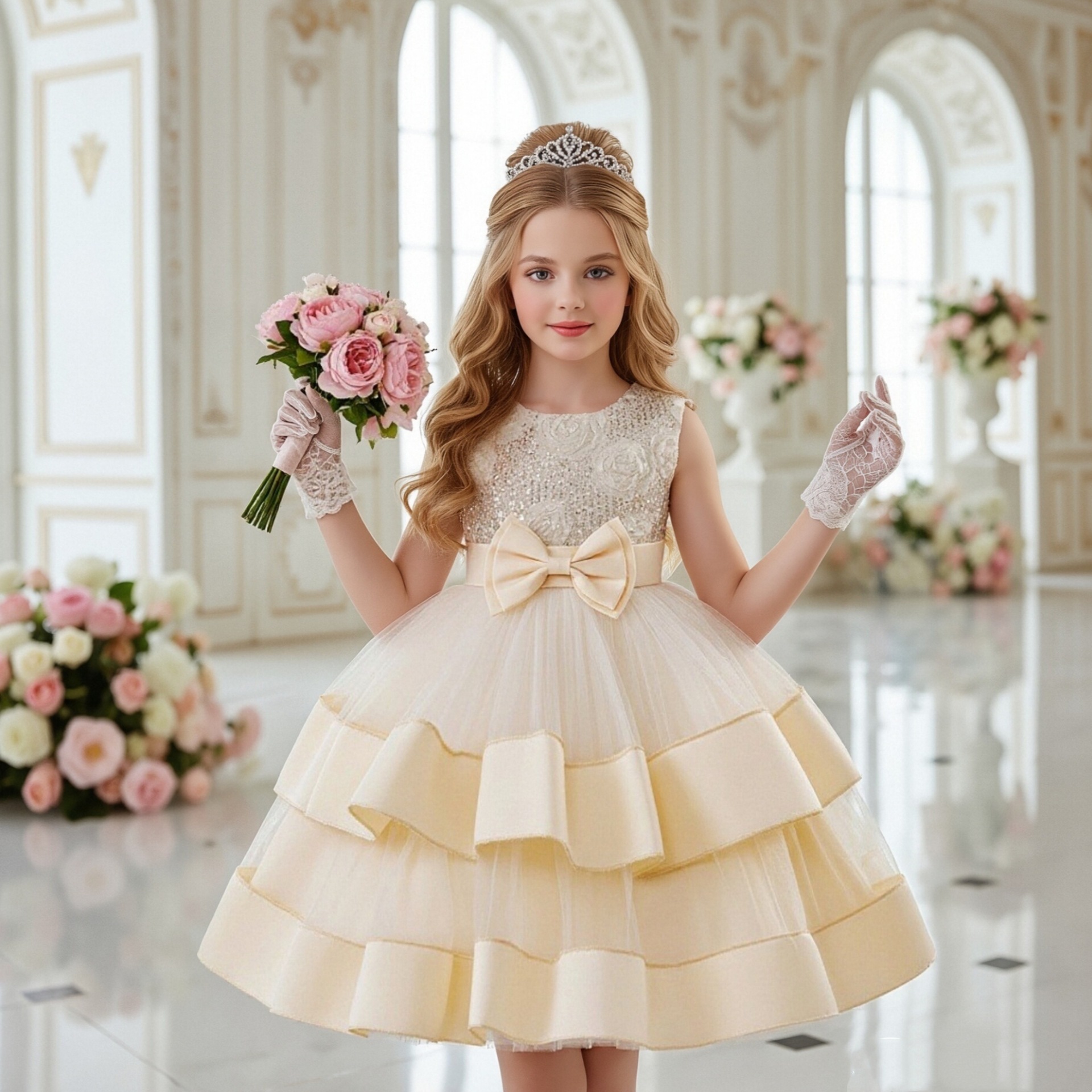 Children's Dress Flower Girl Princess Dress Rose Mesh Princess Dress Girl Dress Birthday Piano Performance Dress