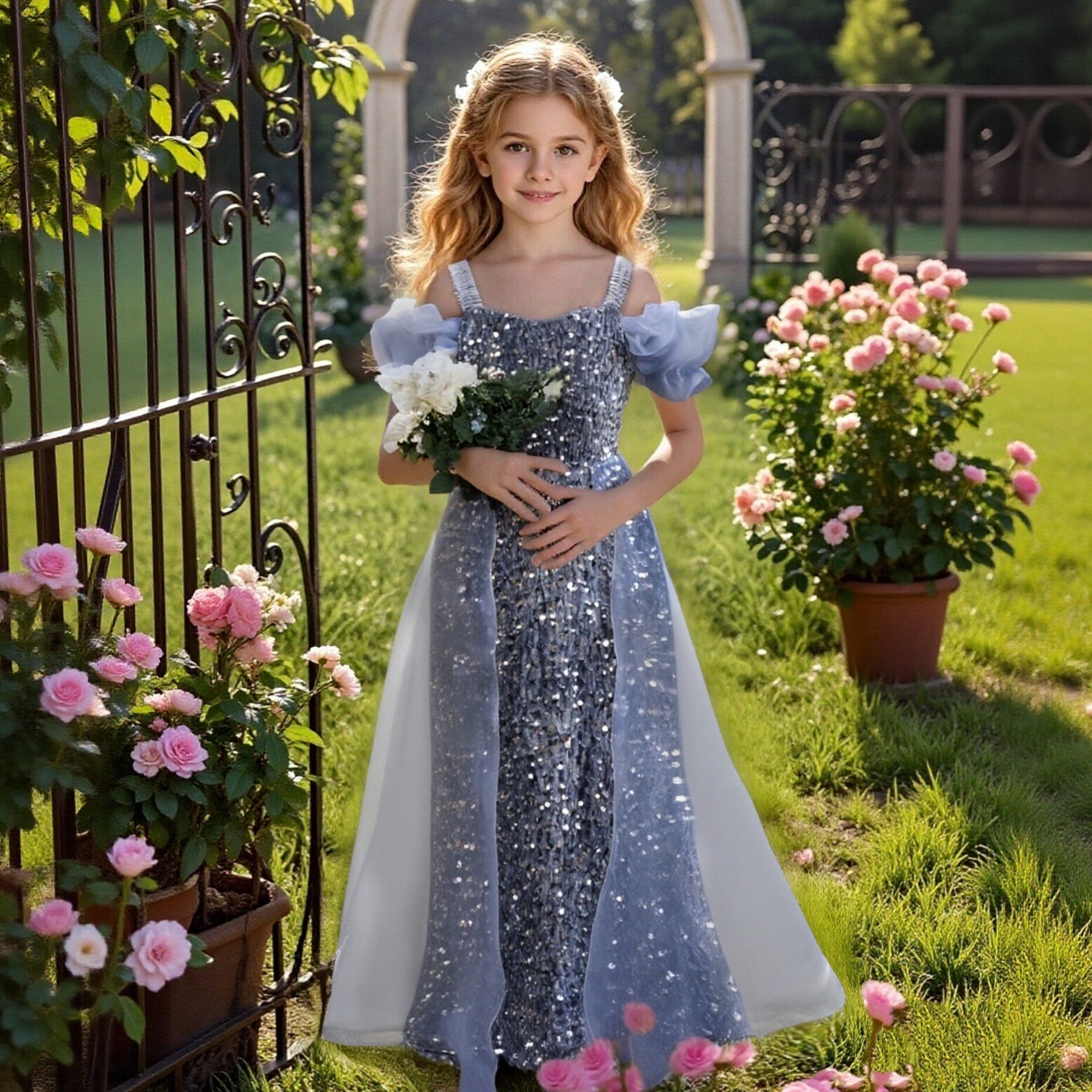 Cross border popular girls' evening dress, elegant one shoulder sequin dress for dance, stage walk, host, birthday party dress