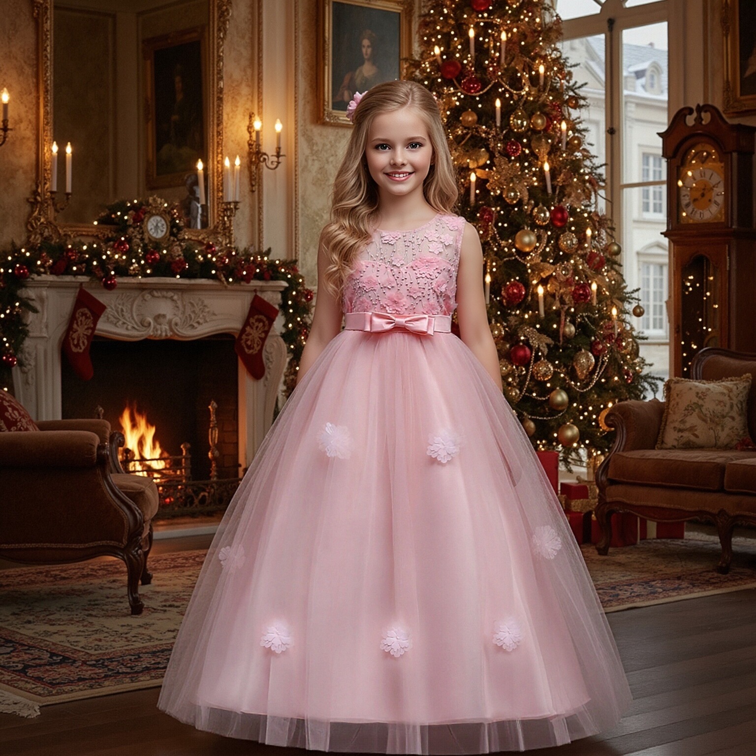 AliExpress Girls' High Waist Long Dress with Bow, Lace, Three Dimensional Flower Princess Dress, Evening Dress, Dress Factory in Stock