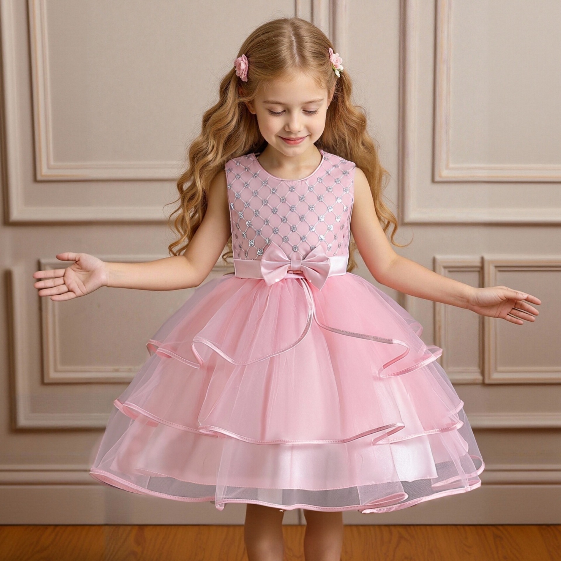 Children's formal dress, sleeveless round neck mesh cake, fluffy skirt, girls' birthday party dress, in stock, one piece for dropshipping