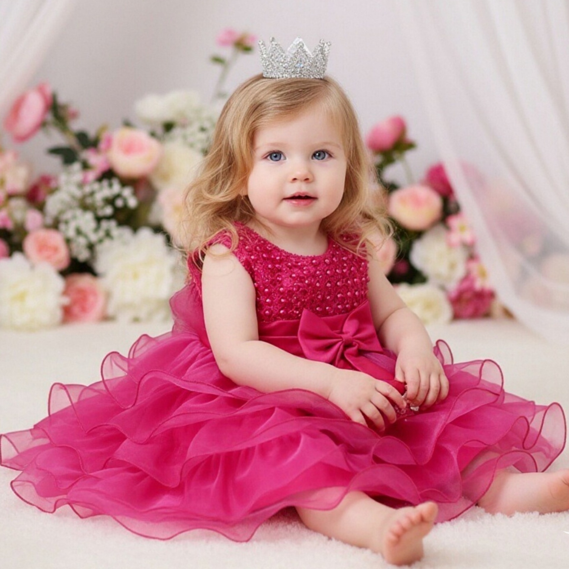 Foreign trade hot selling baby beaded dress, bow princess puffy dress, one-year banquet dress, one piece hair replacement