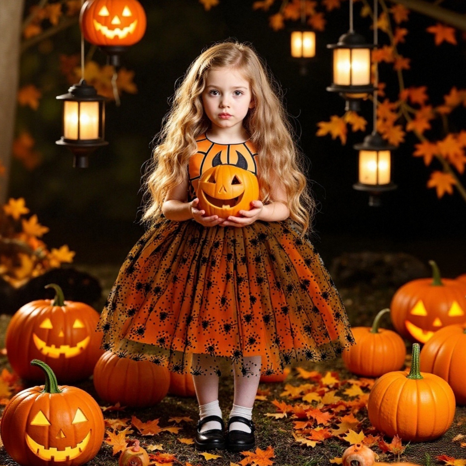 Cross border new Halloween children's pumpkin costume, black spider embroidered princess dress, witch cosplay performance costume