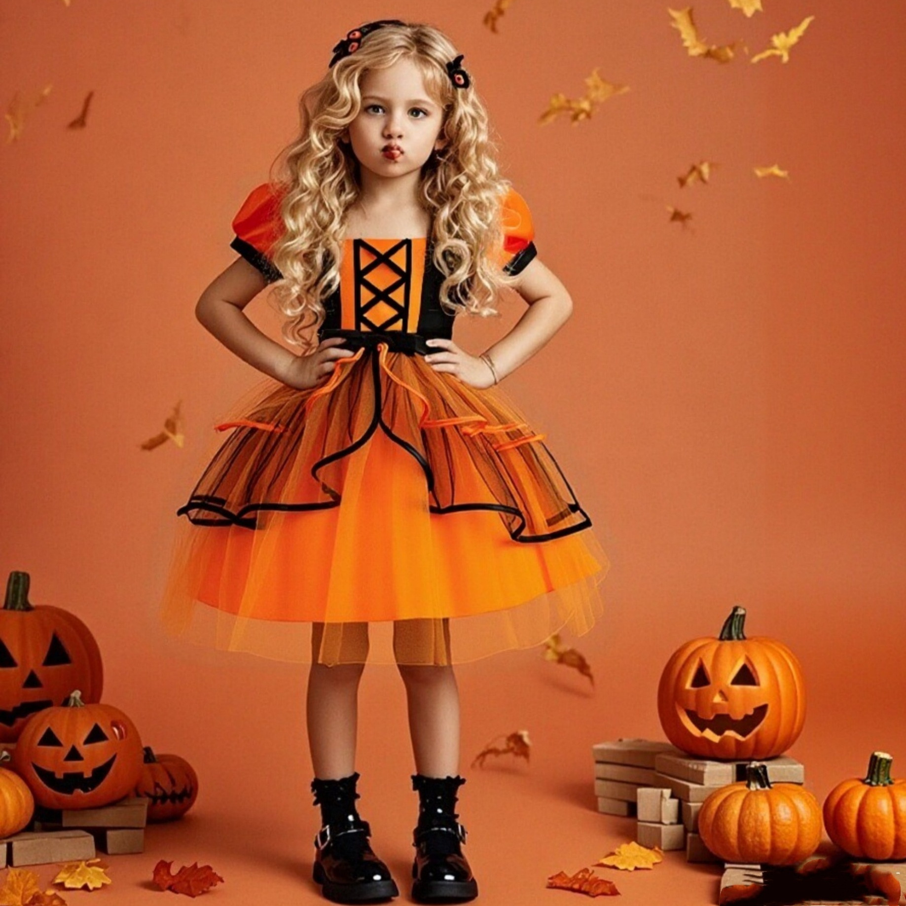Children's new Halloween princess dress, witch COS party performance dress, witch hat, pumpkin bag, headband in stock
