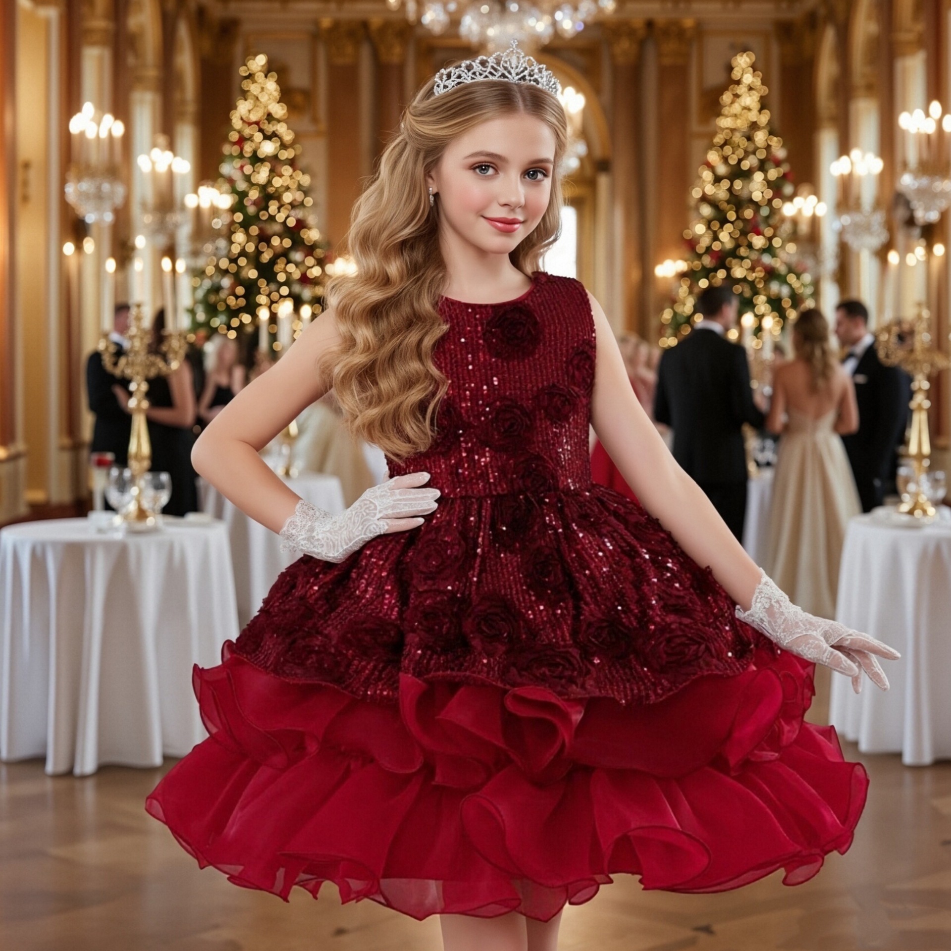 New foreign trade girls' evening dress, high-end rose sequins, fluffy princess dress, flower girl birthday Christmas party dress