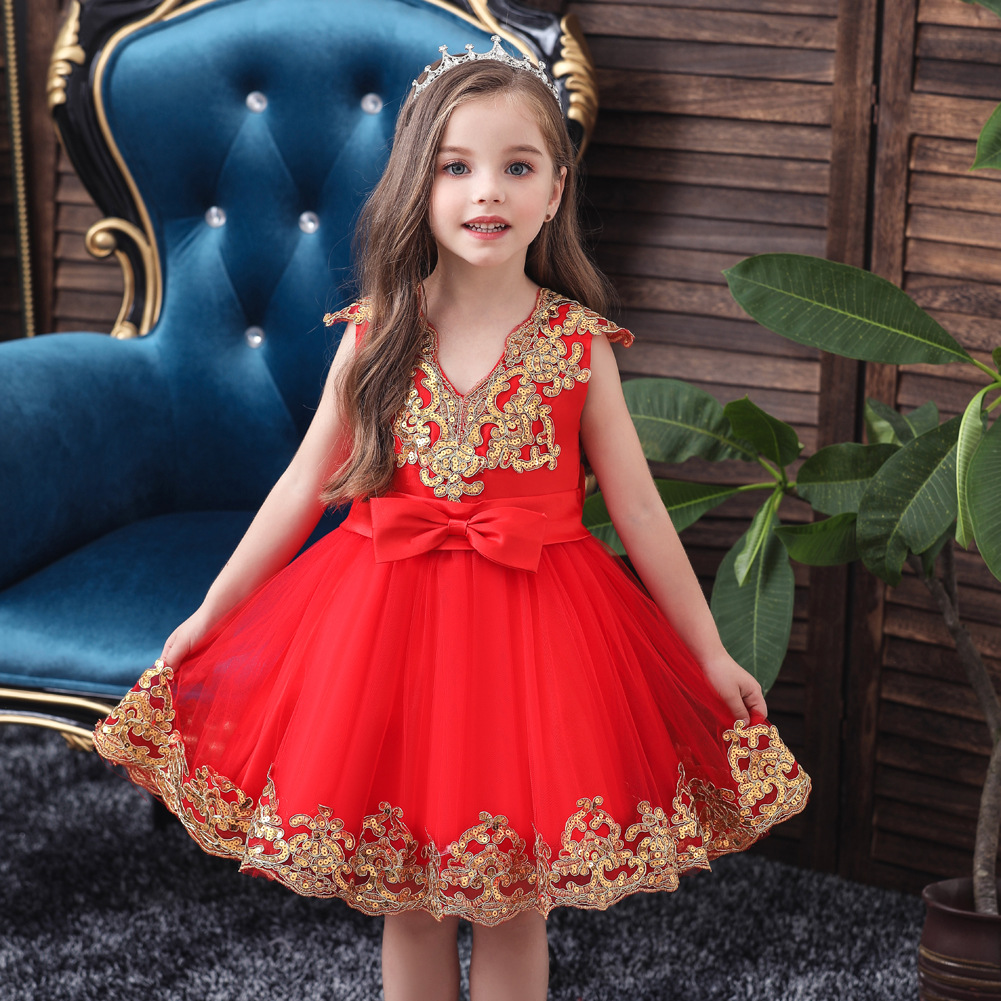 Hot selling children's dresses in Europe and America, puffy dresses, girls' sequins, V-neck fashion show costumes, children's dresses