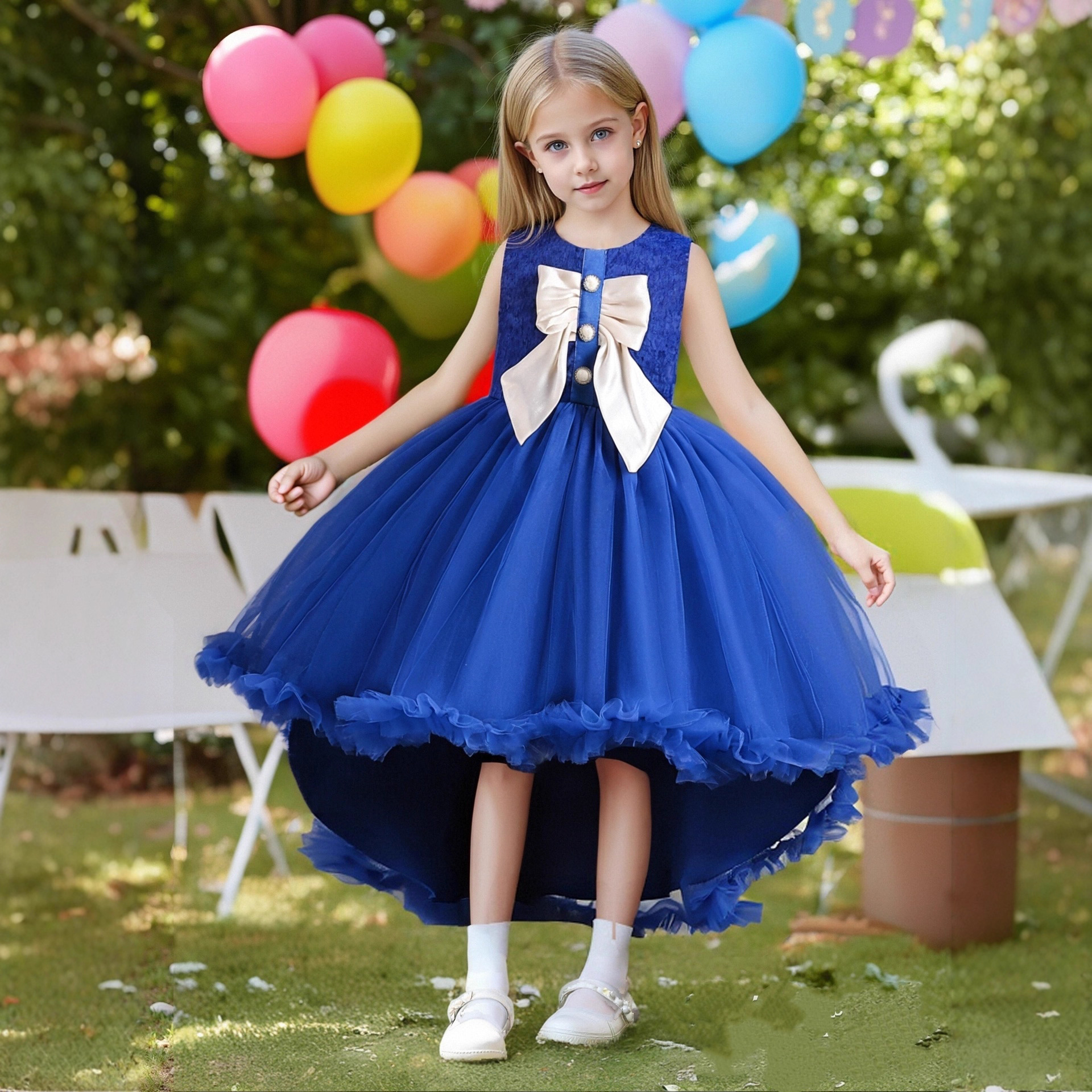 Children's dress, sleeveless lace patchwork mesh trailing skirt, flower girl bow princess dress, one piece hair replacement