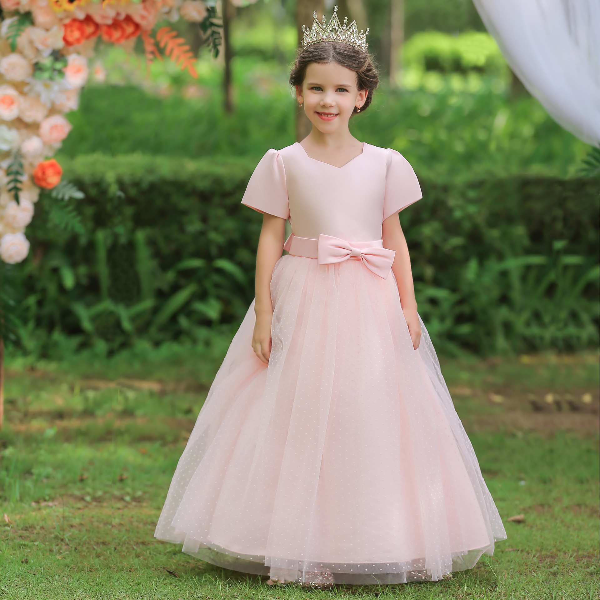 European and American summer new fluffy long princess mesh bow dress, host performance sweet children's dress