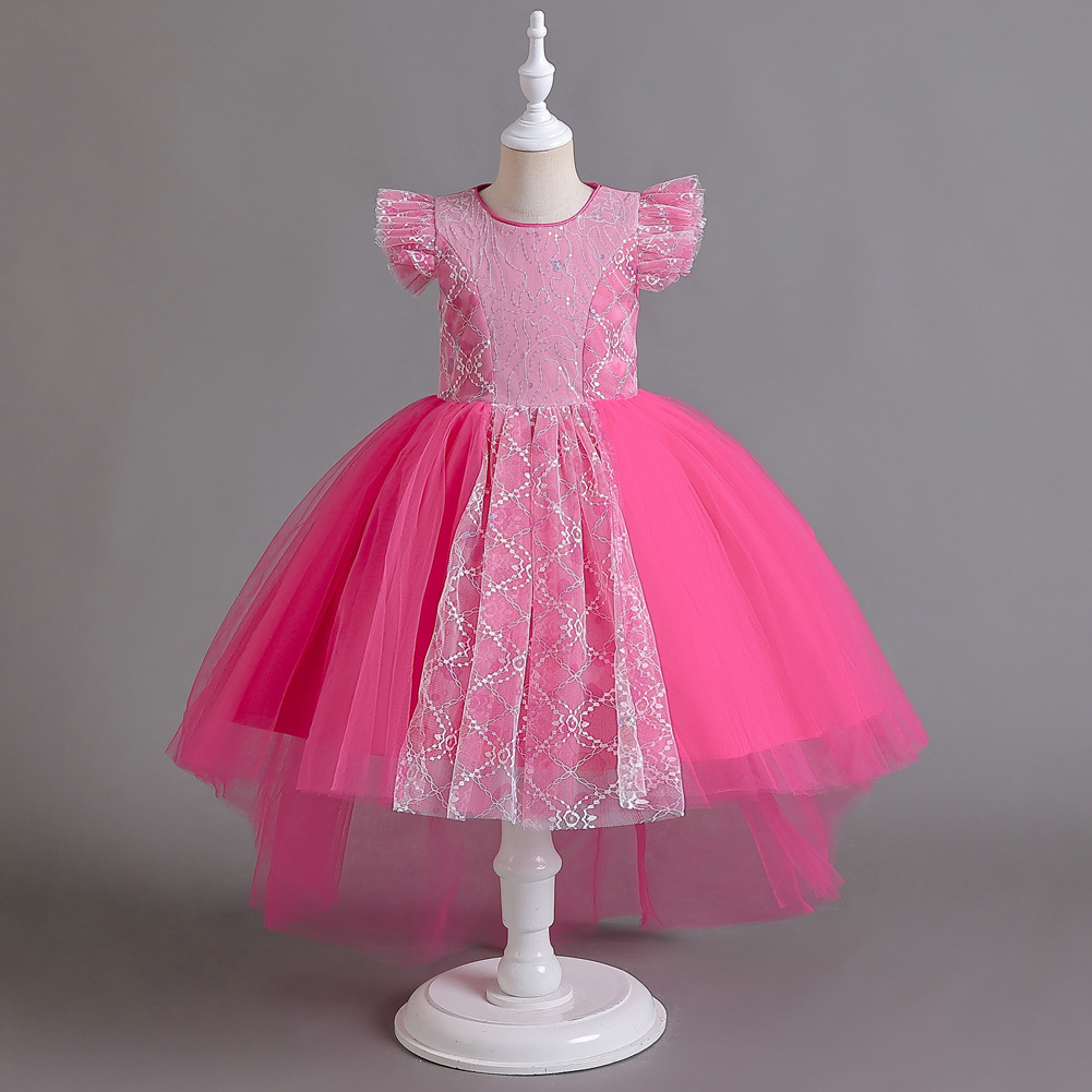 Hot selling new children's dress dress round neck floral mesh trailing skirt flower girl princess dress girl stage performance costume