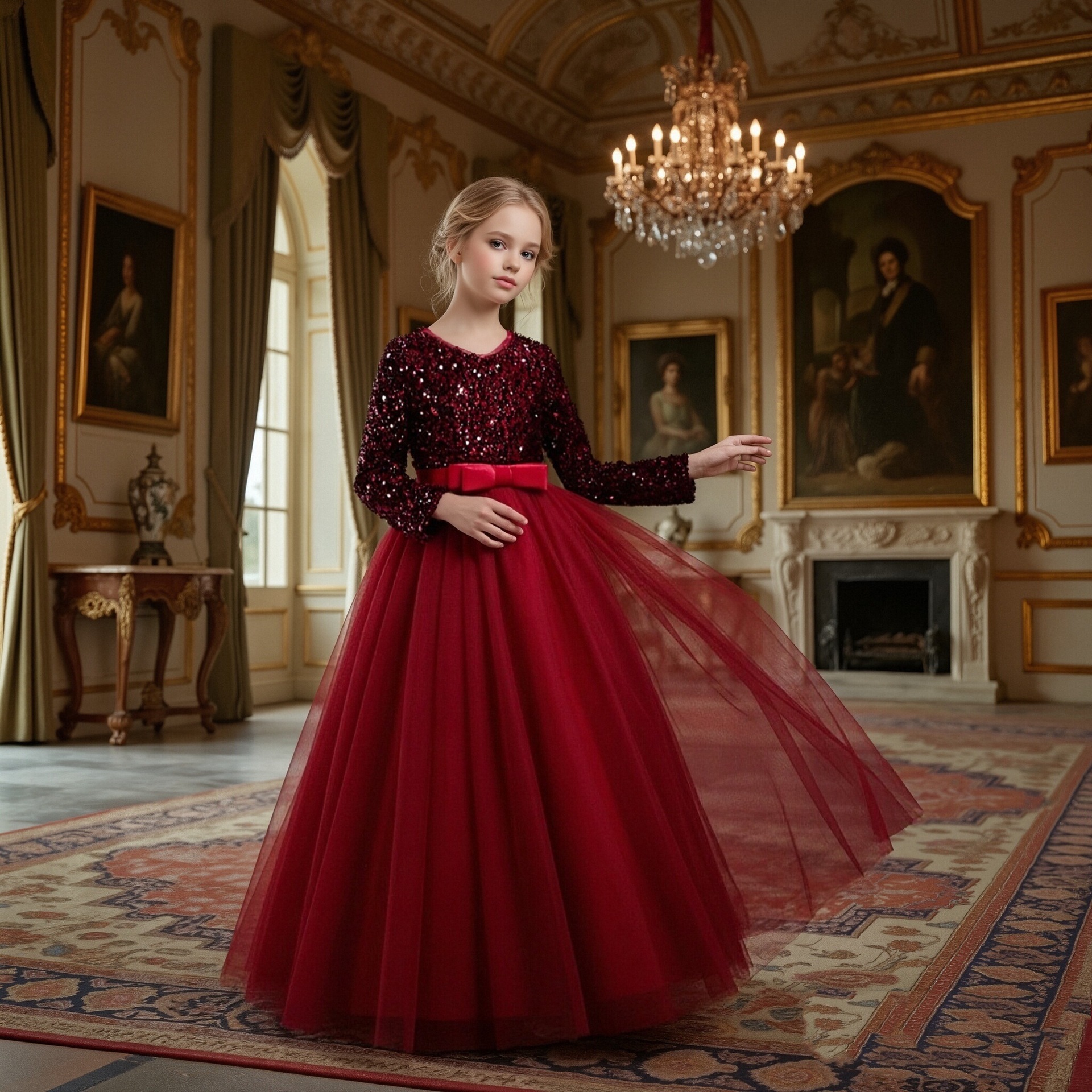 CUHK Children's Hosting Dress Autumn/Winter Girls' Long Sleeve Sparkling Mesh Princess Dress Flower Girl Wedding Dress Birthday Banquet Dress