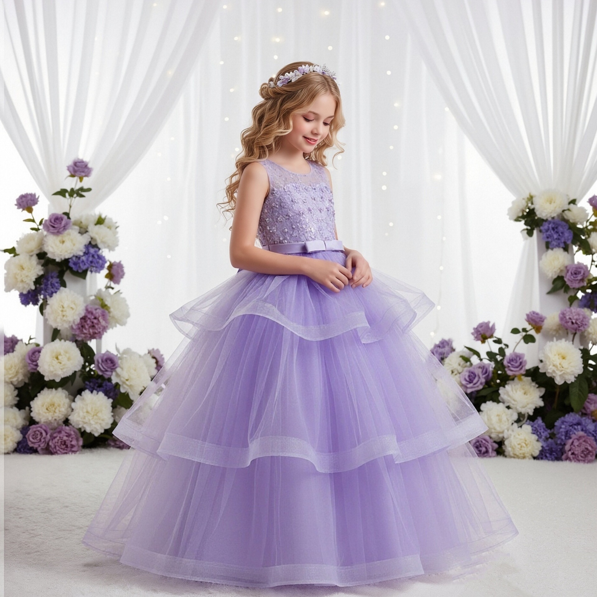 Cross border popular girl's dress long sleeveless layered mesh fluffy skirt talk children's gift young host piano performance