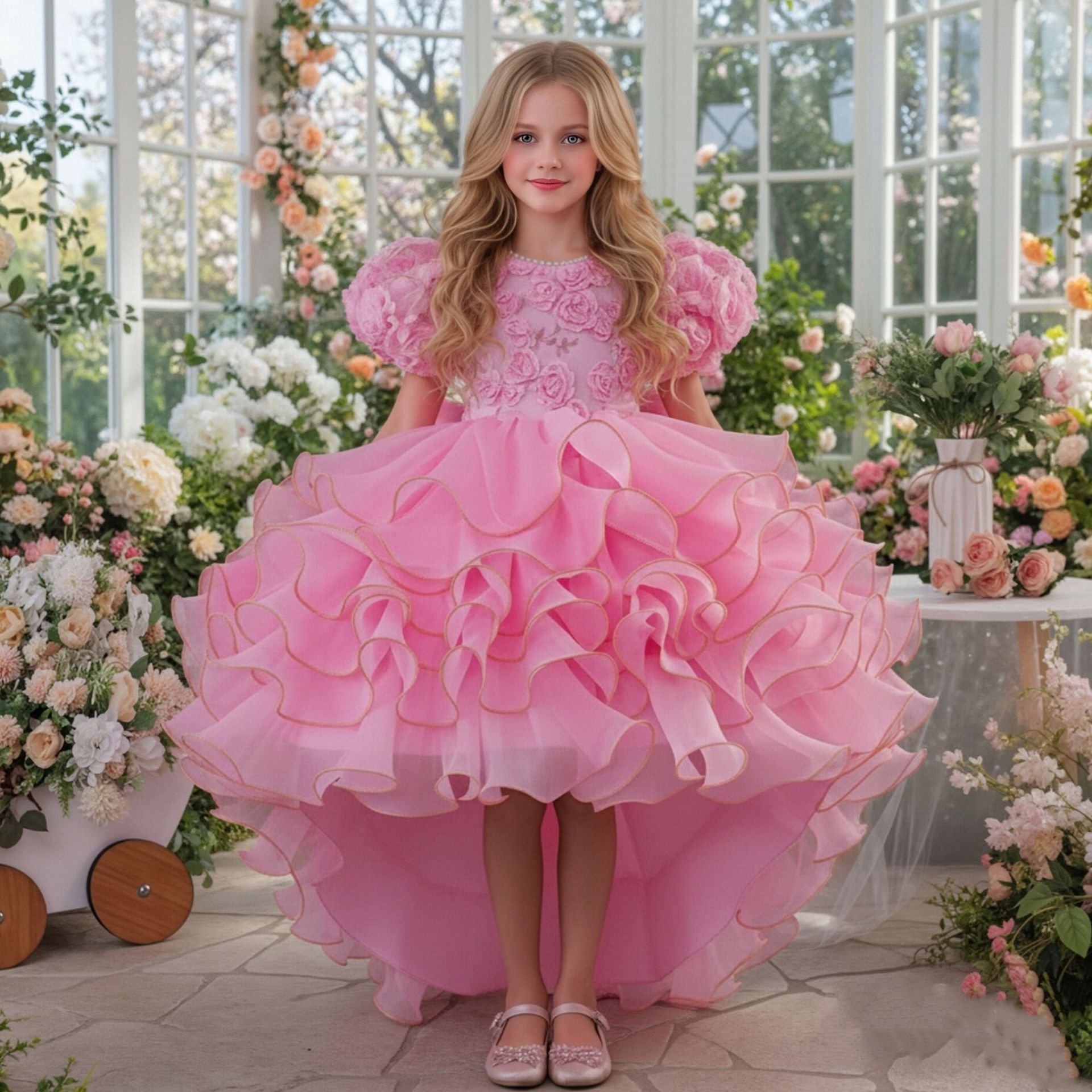 Light luxury children's dress princess multi-layer cake puffy skirt upper body gold foil embroidered trailing skirt Lolita flower girl skirt