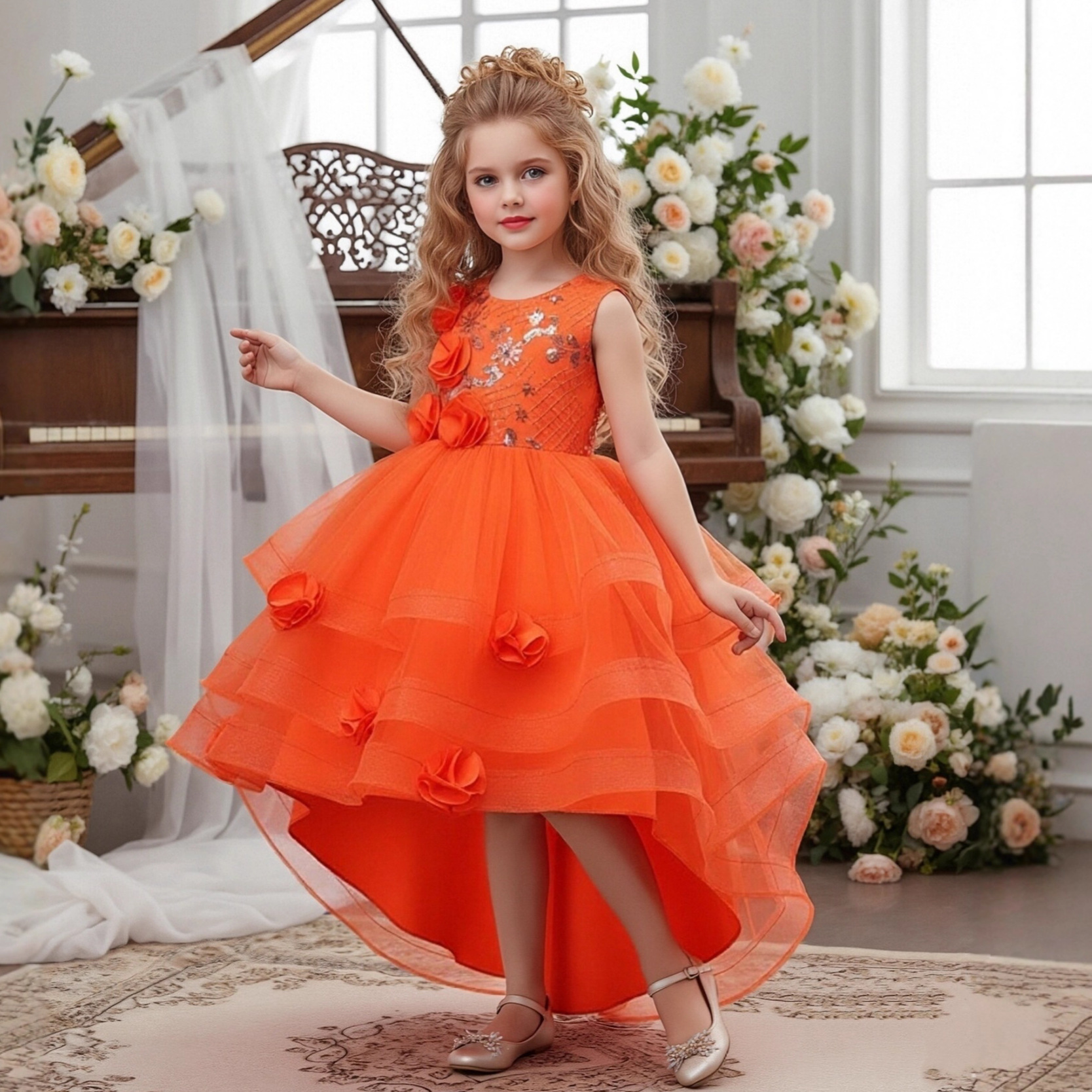 Cross border hot selling children's dress, flower girl princess dress, sleeveless three-dimensional floral mesh trailing dress, girls' party dress