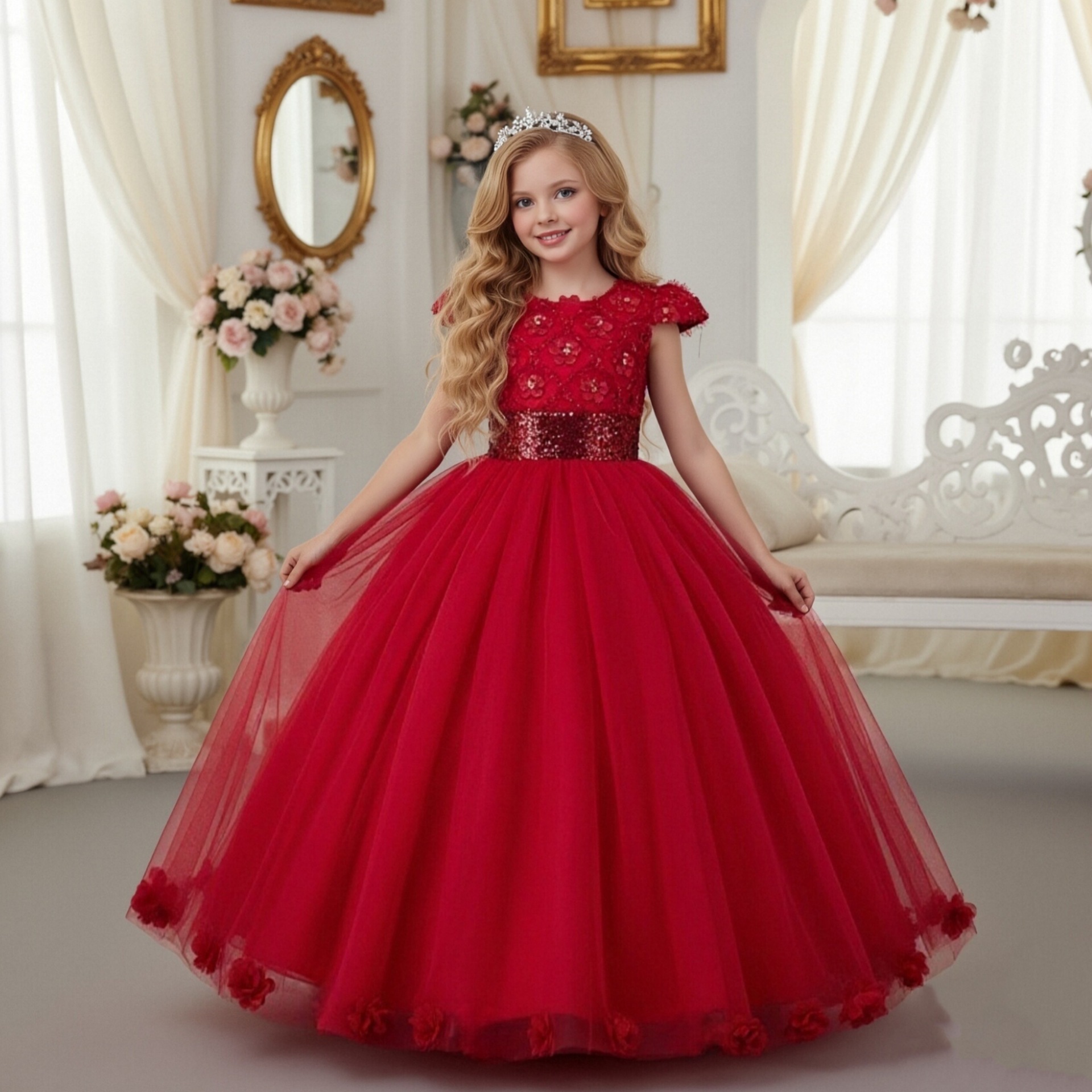 Cross border hot selling long lace dress for girls, sequined flower party dress, sparkling ball dress, flower girl wedding dress