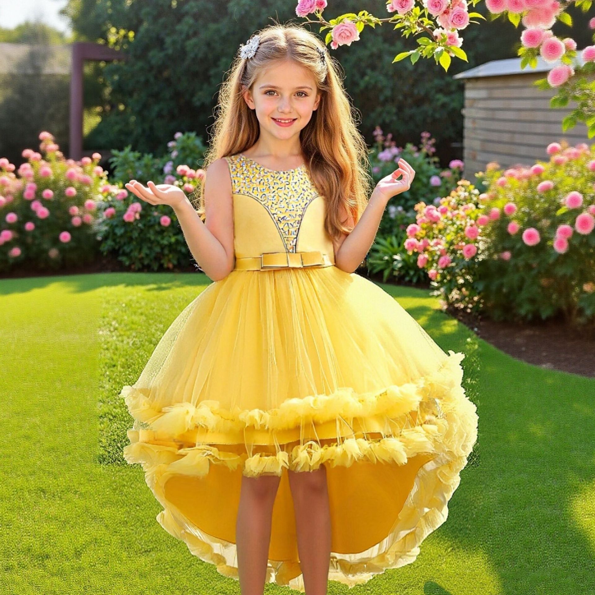 Hot selling children's dress dress in Europe and America, round neck sleeveless handmade beaded mesh trailing skirt, little girl's Children's Day party dress
