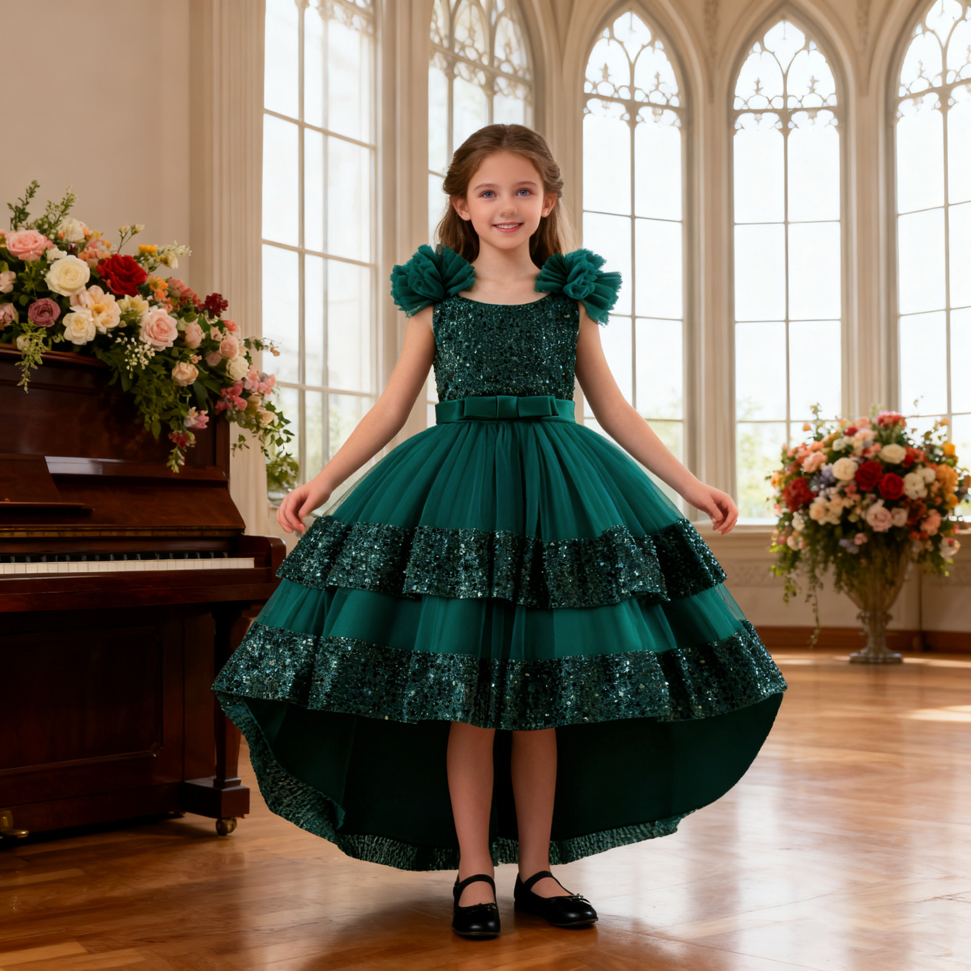 European and American girls' dress, Christmas party outfit, sequined trailing princess dress, flower girl birthday banquet, piano performance costume