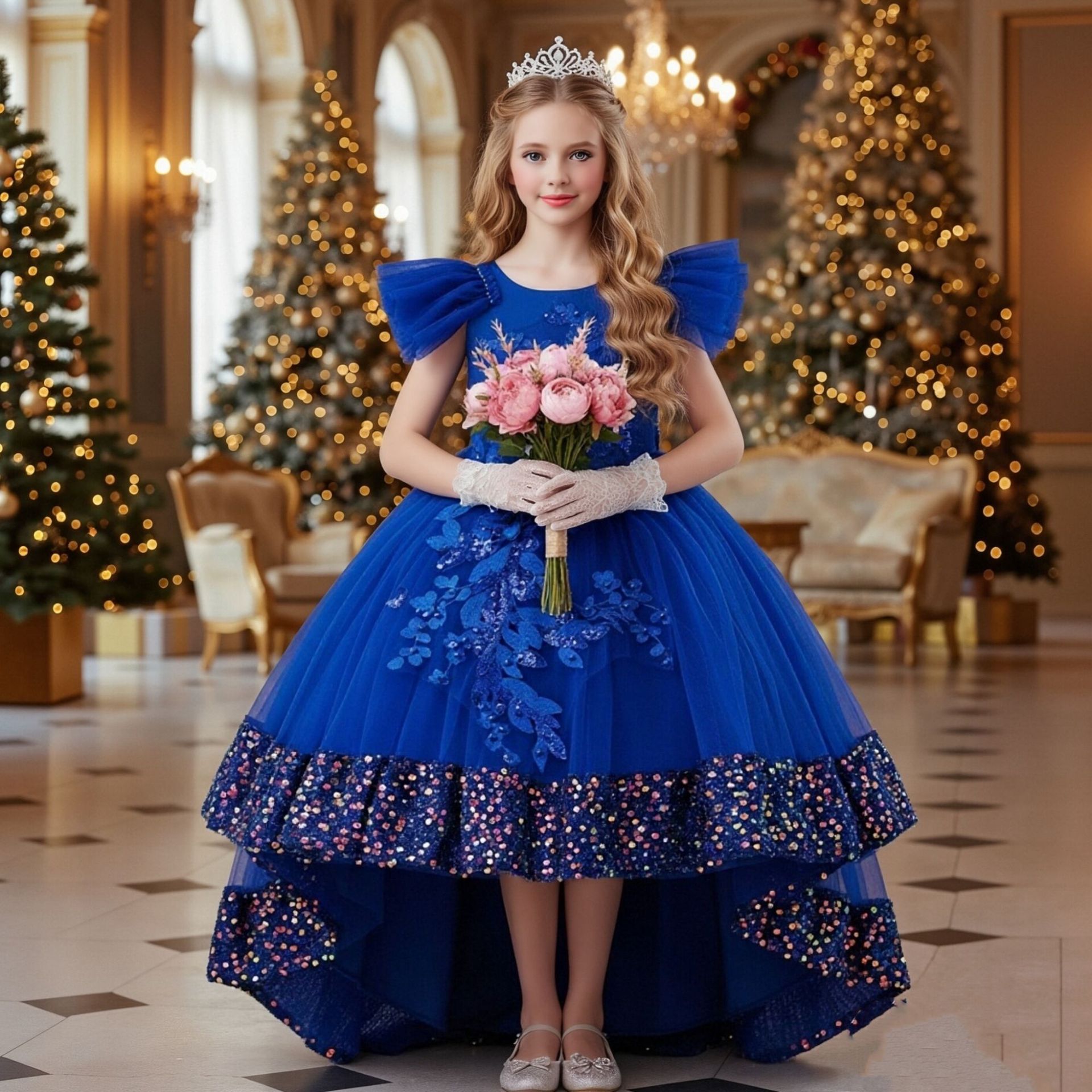 Cross border children's evening dress, flower girl wedding dress, sequins, trailing princess dress, flower host's birthday, piano performance costume