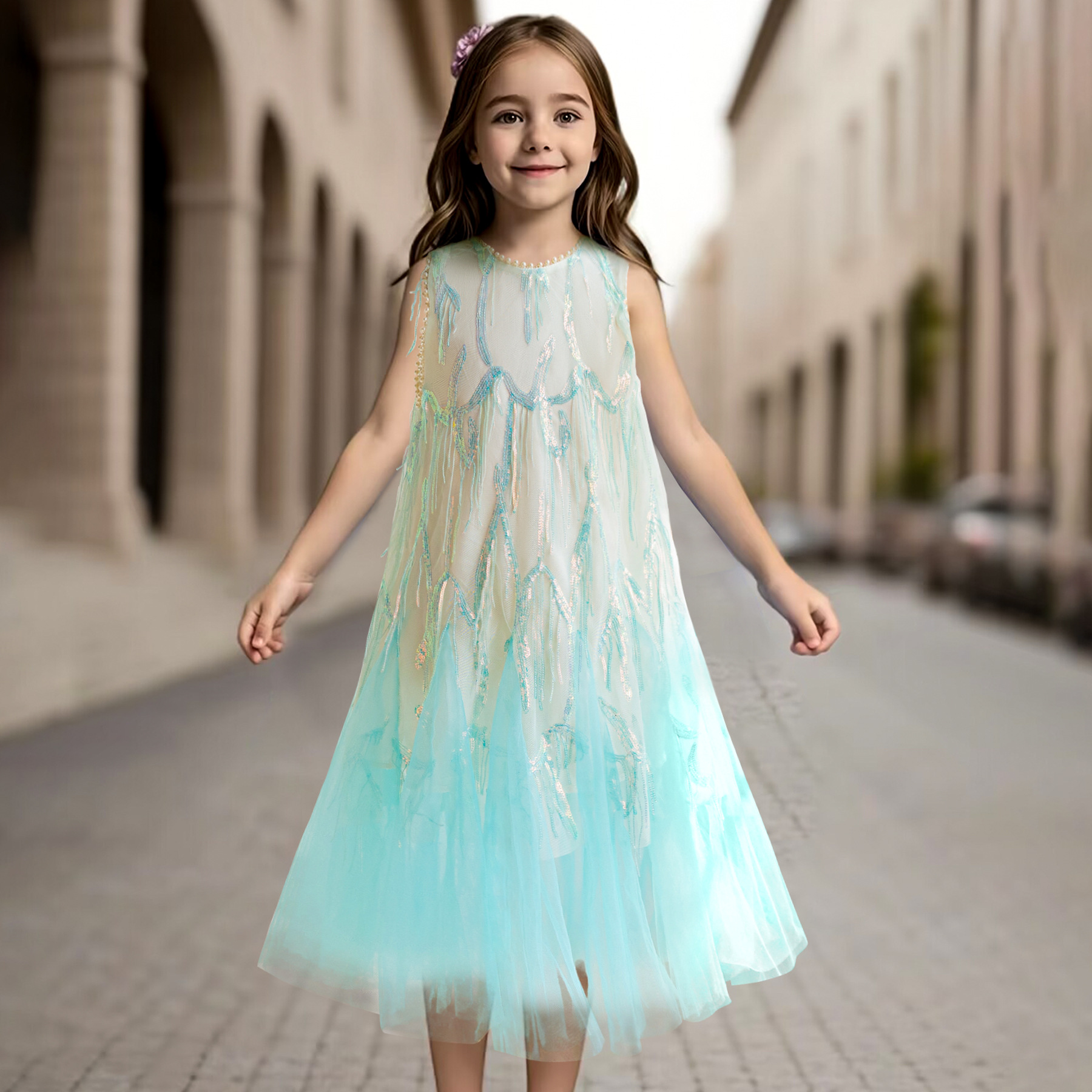 2024 New Dress: Korean Style Girl Mermaid Princess Dress, Stylish Girl Birthday Princess Dress, Mesh Dress