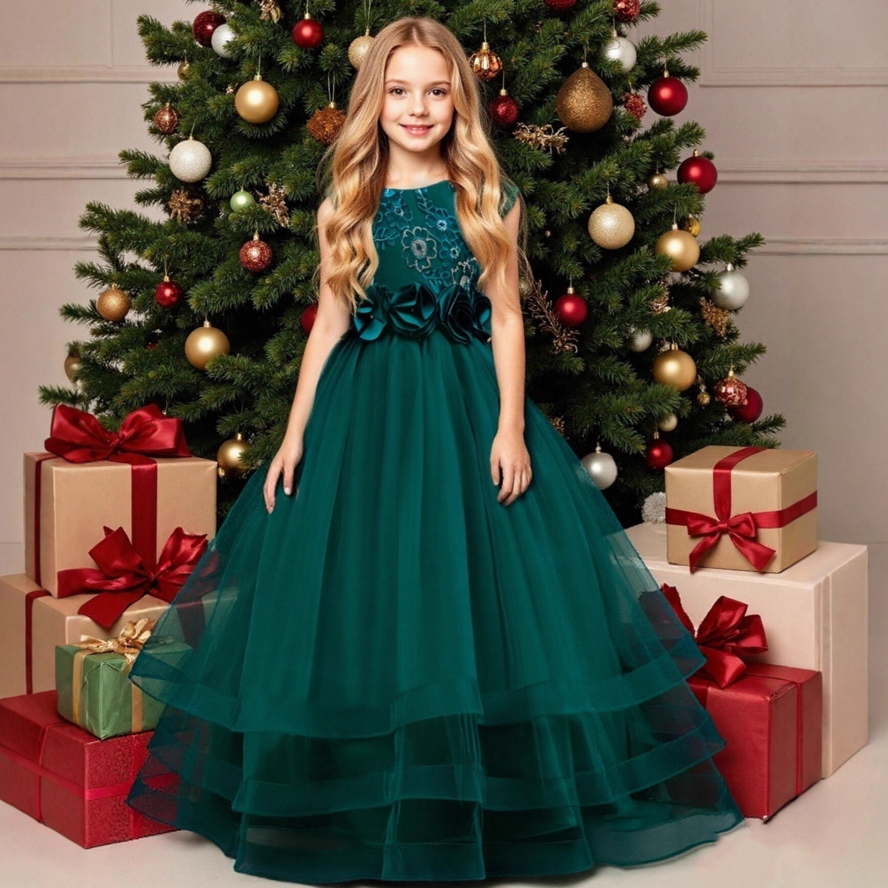 Cross border New Children's Dress Embroidered Flower Princess Dress, Large Children's Long Lace Wedding Dress, Host Performance Dress