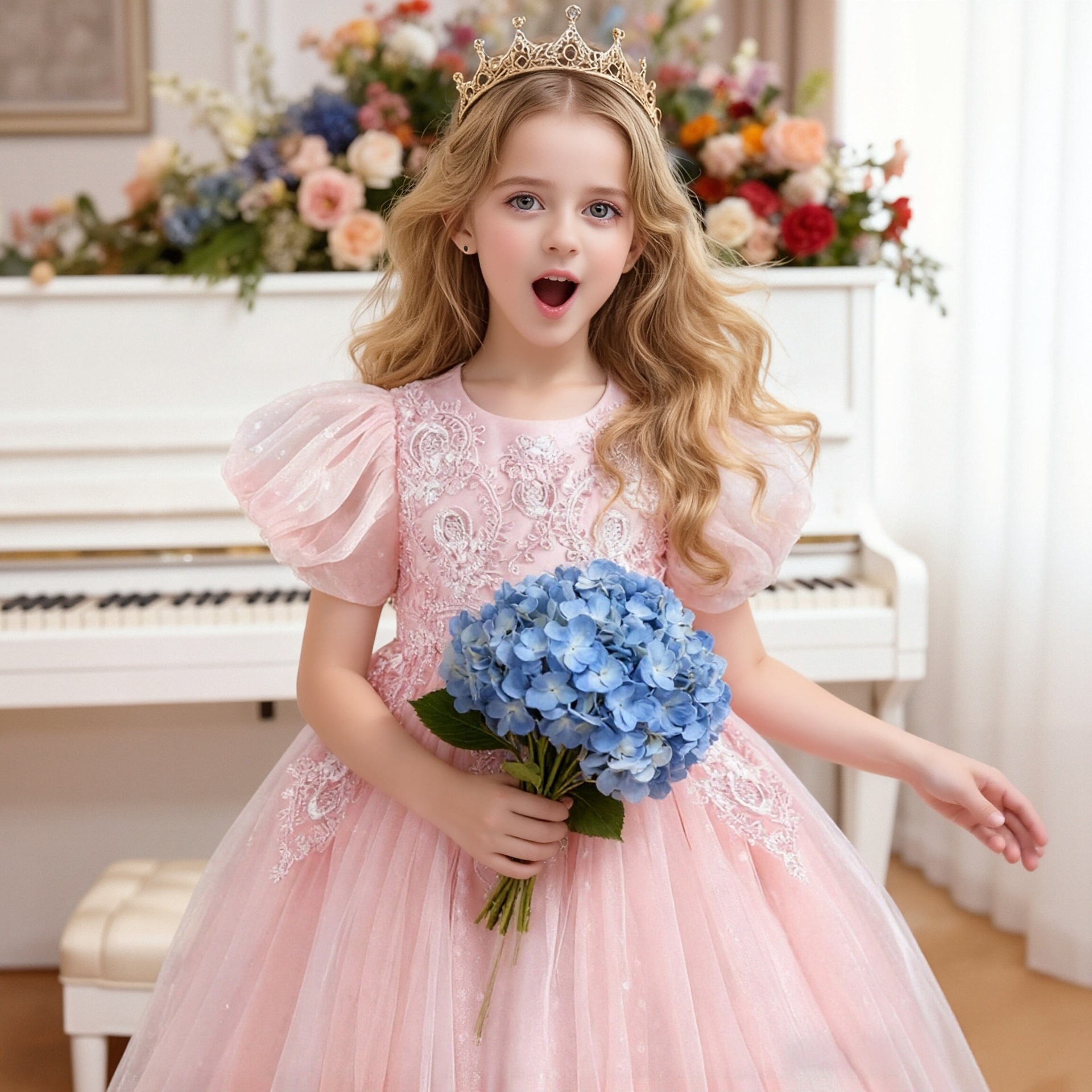 Girls' princess dress, children's dress, bubble sleeve knee high mesh dress, girls' one year party dress in stock