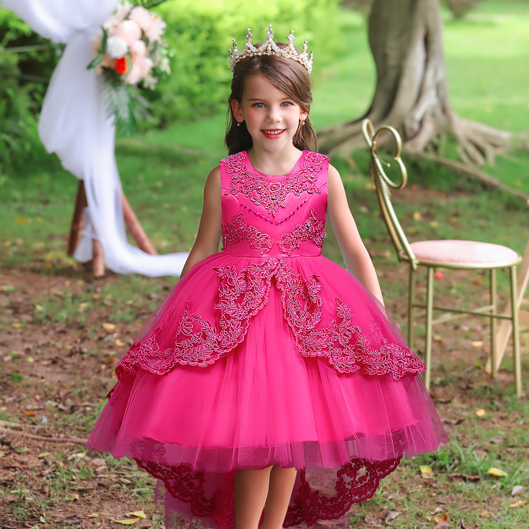 Cross border popular children's clothing, children's princess dress, high-end girls' embroidered trailing dress, flower girl wedding dress
