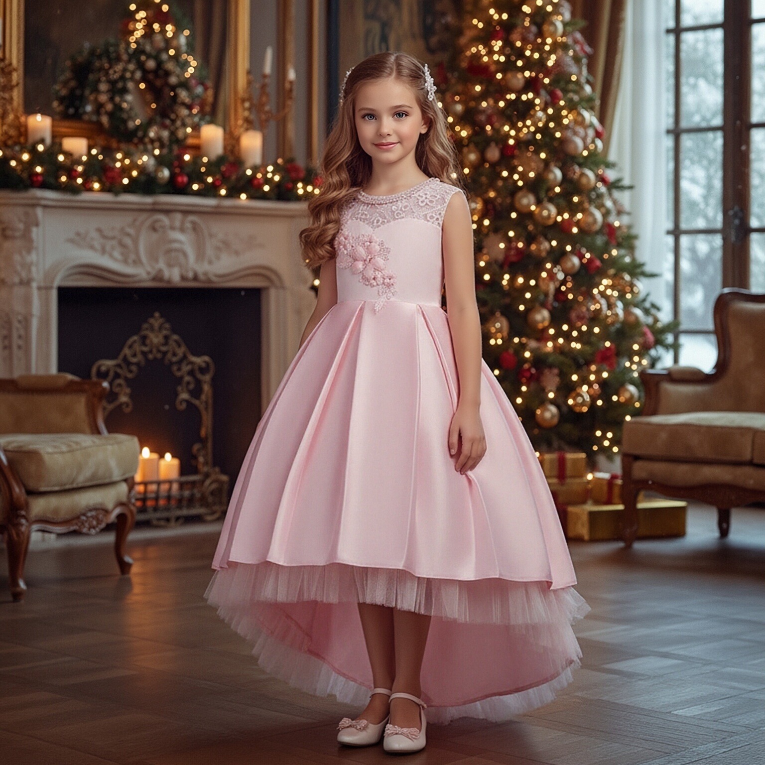 Top selling children's clothing for spring and summer, princess flower trailing dress, hosting performance dress, flower girl dress, one piece hair replacement
