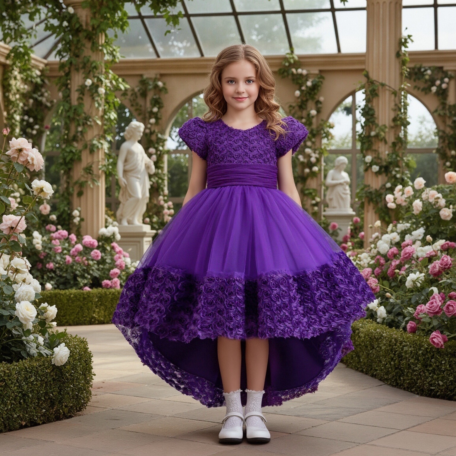 New European and American girls' dress with floral puffs, light luxury piano performance costume, children's birthday princess dress, host