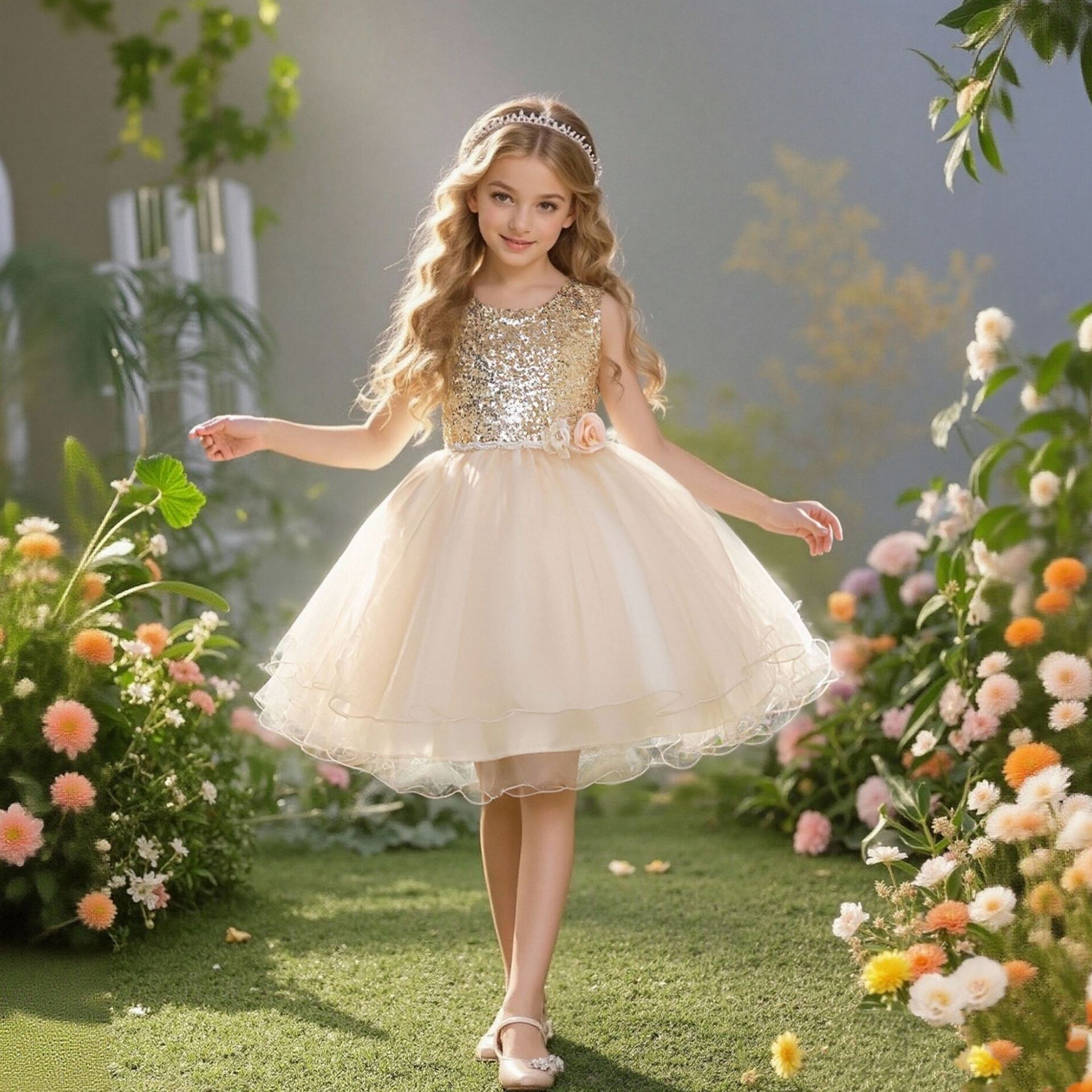 Children's formal dress, princess dress, girls' sleeveless sequin knee length dress, girls' stage performance dress, young host