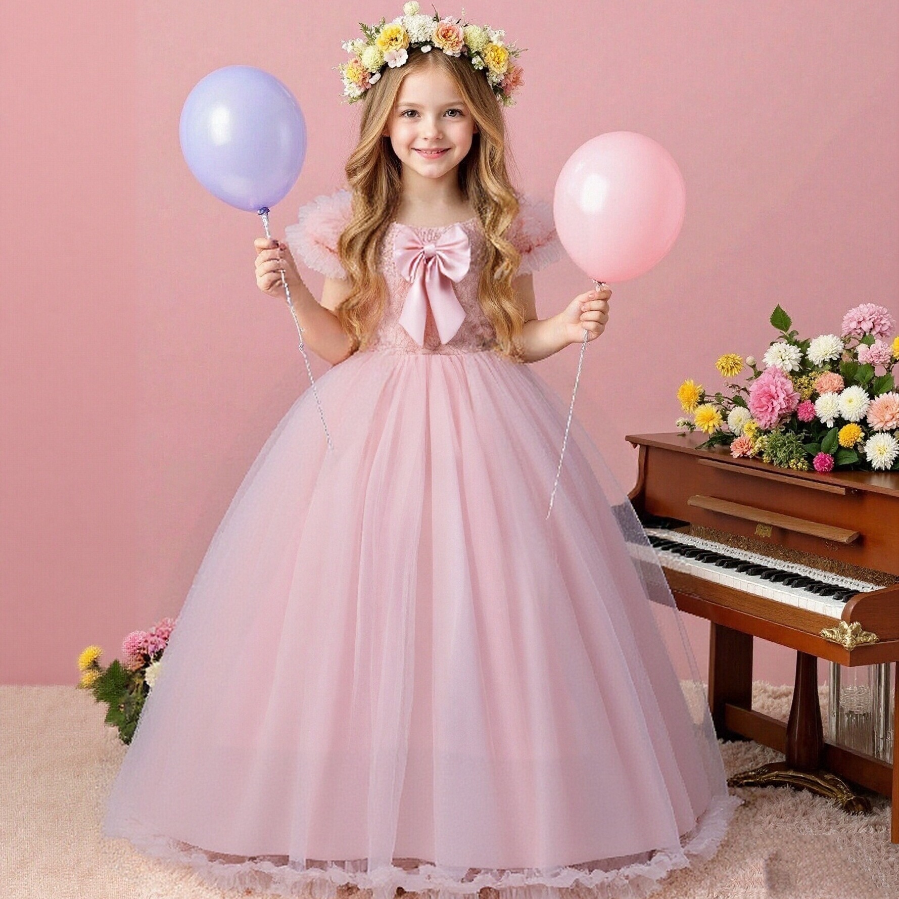 Cross border popular children's dress, flower girl wedding dress, princess dress, three-dimensional flower mesh, fluffy skirt, long birthday party dress