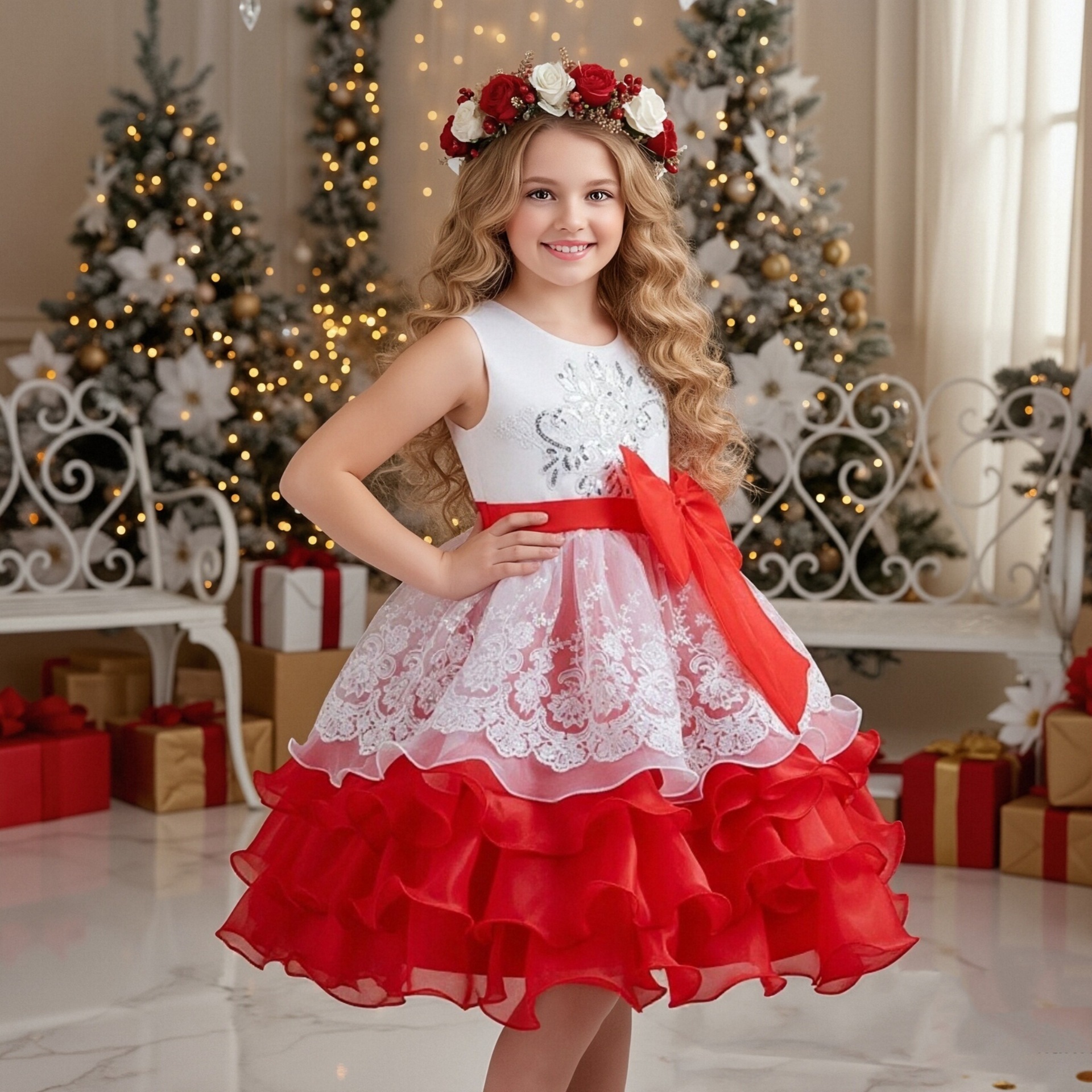 Cross border hot selling girls' dress Bow knot poncho dress Middle aged children's International Children's Day performance dress