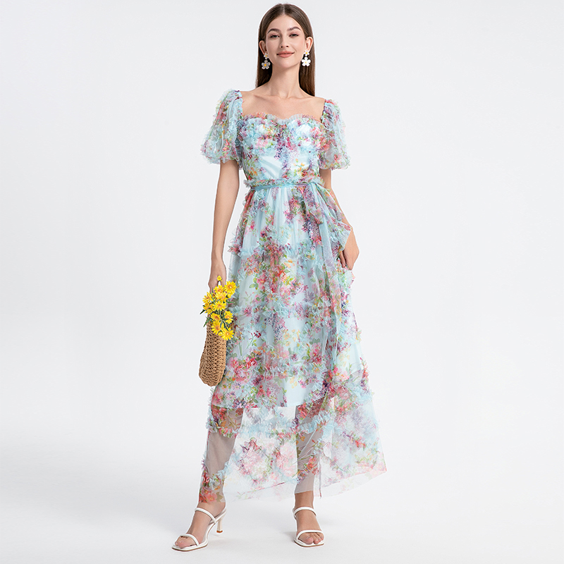 Blue real shot European and American heavy industry boutique palace style French romantic waist cake skirt Blue real shot European and American heavy industry boutique palace style French romantic waist cake skirt