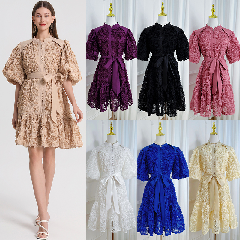 Real shot short heavy-duty three-dimensional rose solid color loose fit European and American temperament dress